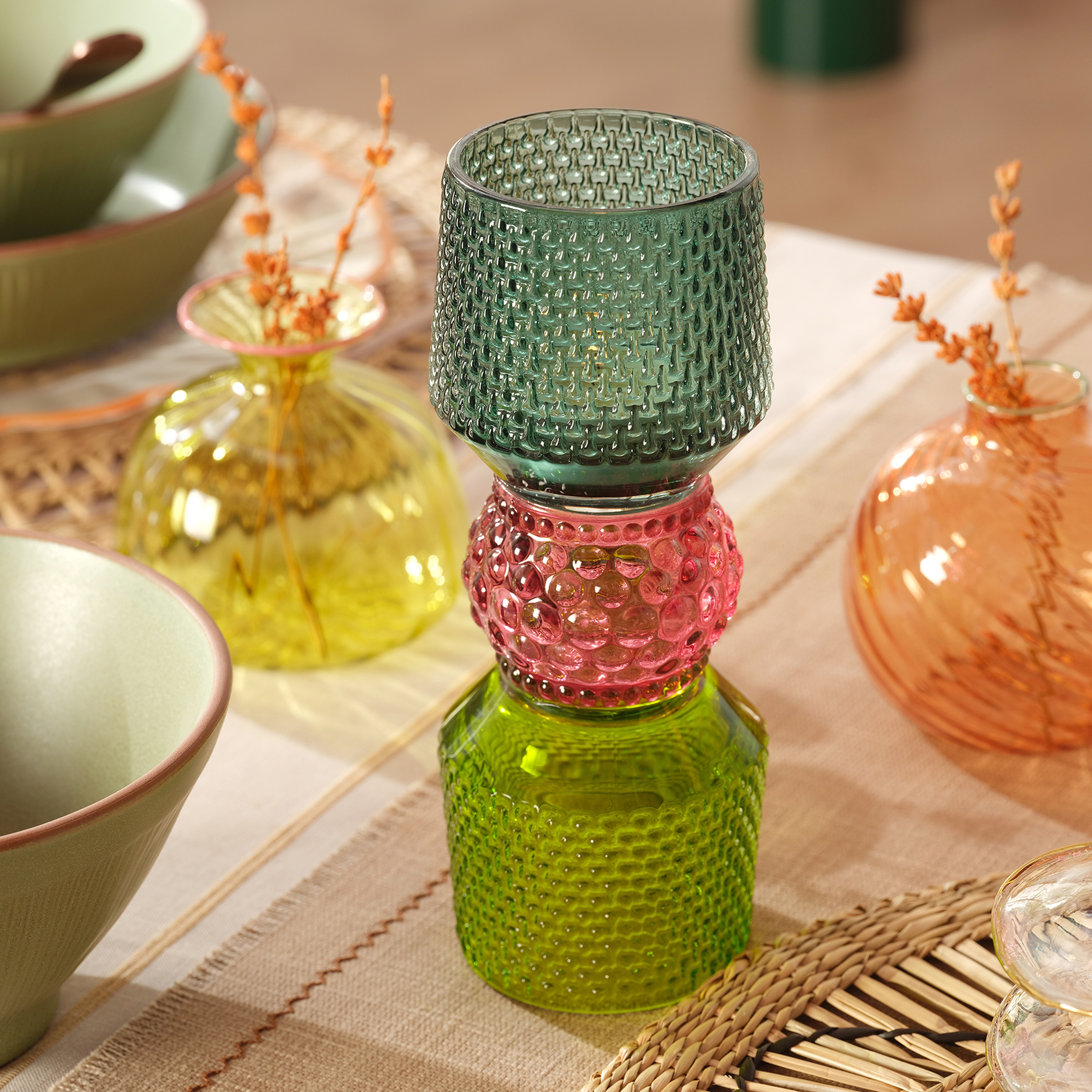 Nanjıng Cam Dekoratif Obje 8x8x21 Cm Yeşil - Fuşya - Turkuaz