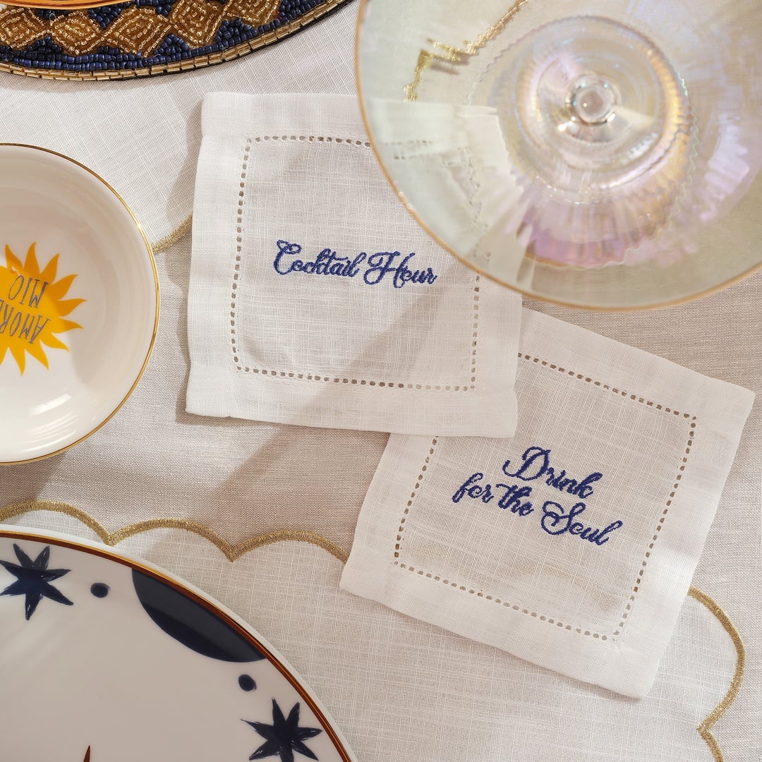 Prusa Nakışlı 4'lü Polyester %100 Polyester Kokteyl Peçetesi 13x13 Cm Beyaz