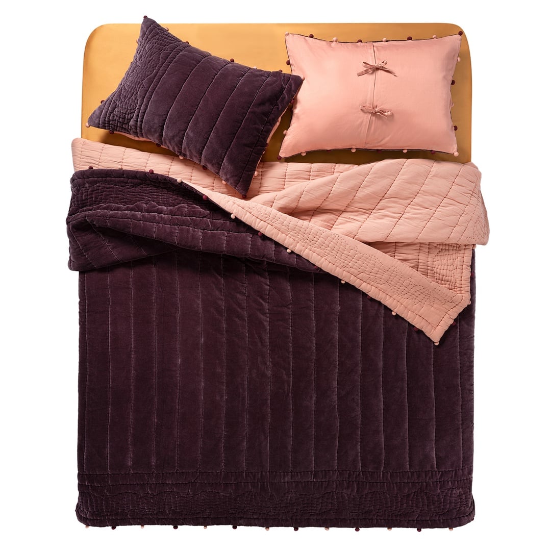 Okhla El İşi Kapitoneli Pamuk Kadife Pamuk Kadife Yatak Örtüsü Seti 260x280 Cm Vışne - Kıl