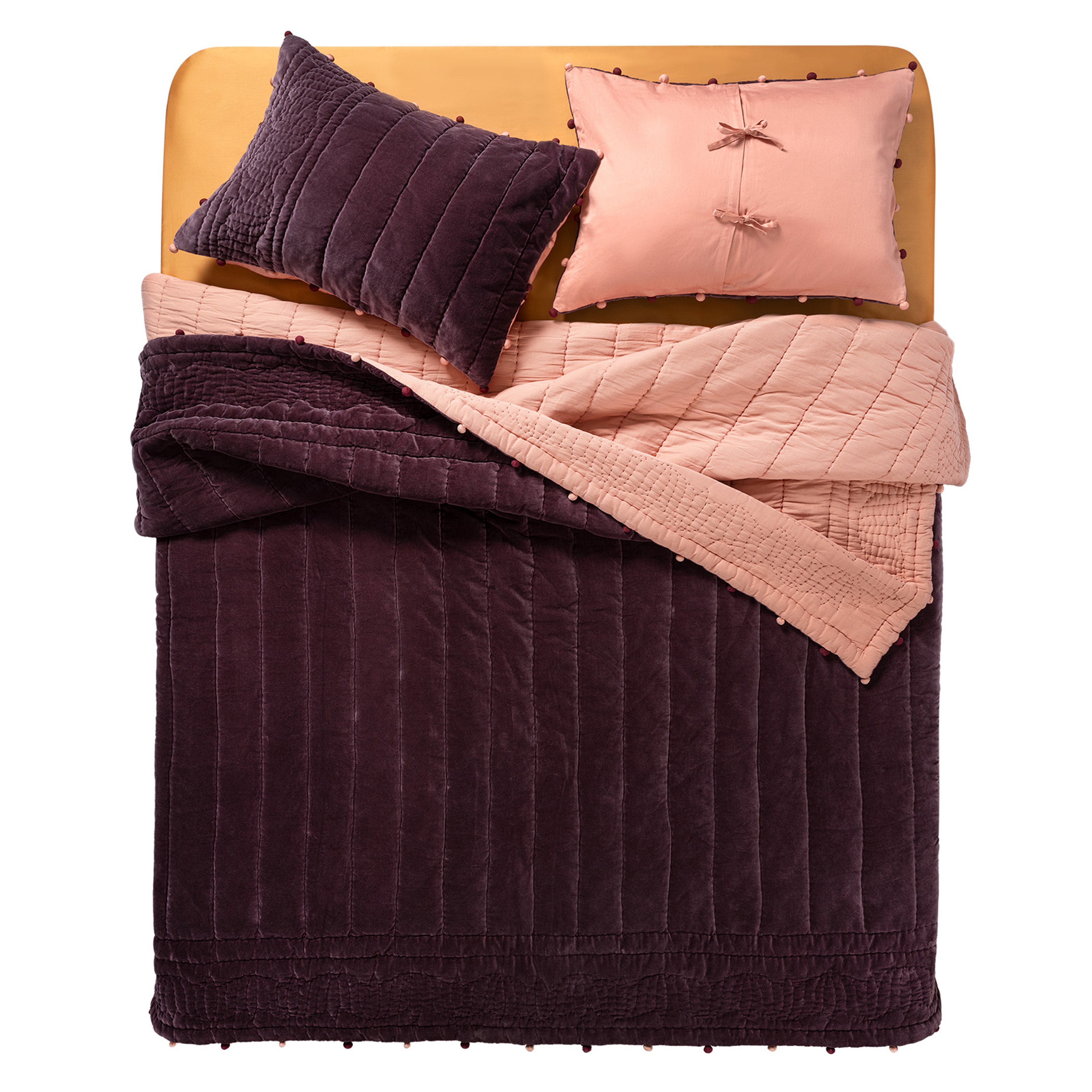 Okhla El İşi Kapitoneli Çift Kişilik Pamuk Kadife Pamuk Kadife Yatak Örtüsü Seti 240x260 Cm Vışne - Kıl