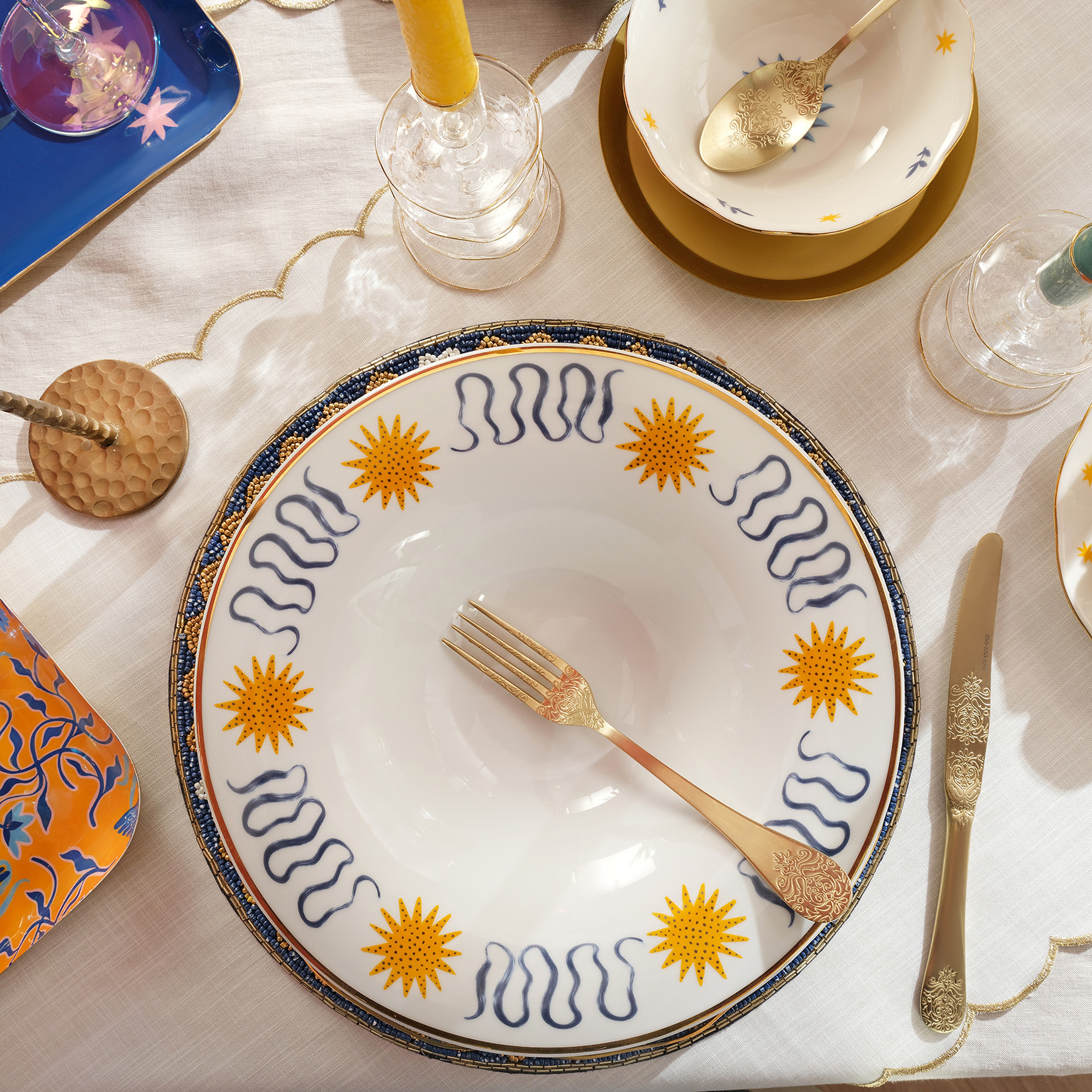 Lublın Porselen Makarna Tabağı 30x30x6.5 Cm Lacıvert - Sarı