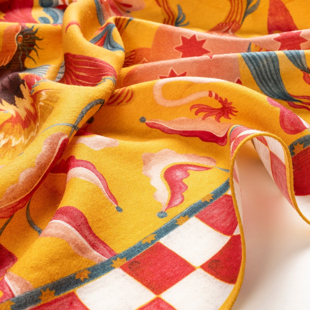 Pera Dijital Baskılı %100 Yün Fular 90x90 Cm Sarı