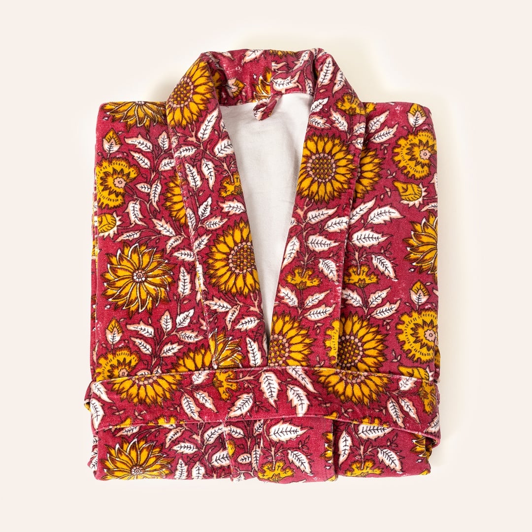 Bundı El Baskısı %100 Pamuk Large-Xlarge Beden Sabahlık Fuşya