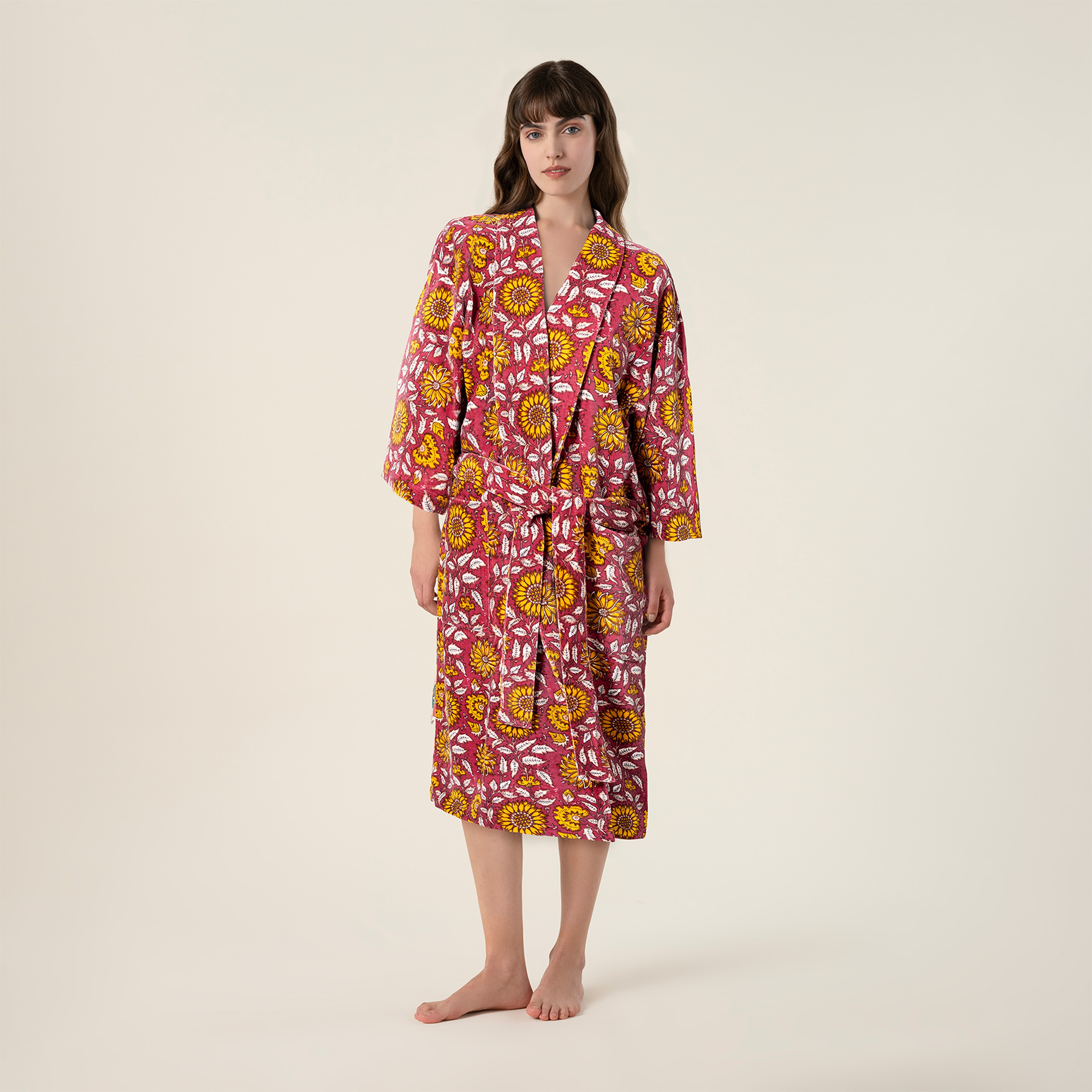 Bundı El Baskısı %100 Pamuk Large-Xlarge Beden Sabahlık Fuşya