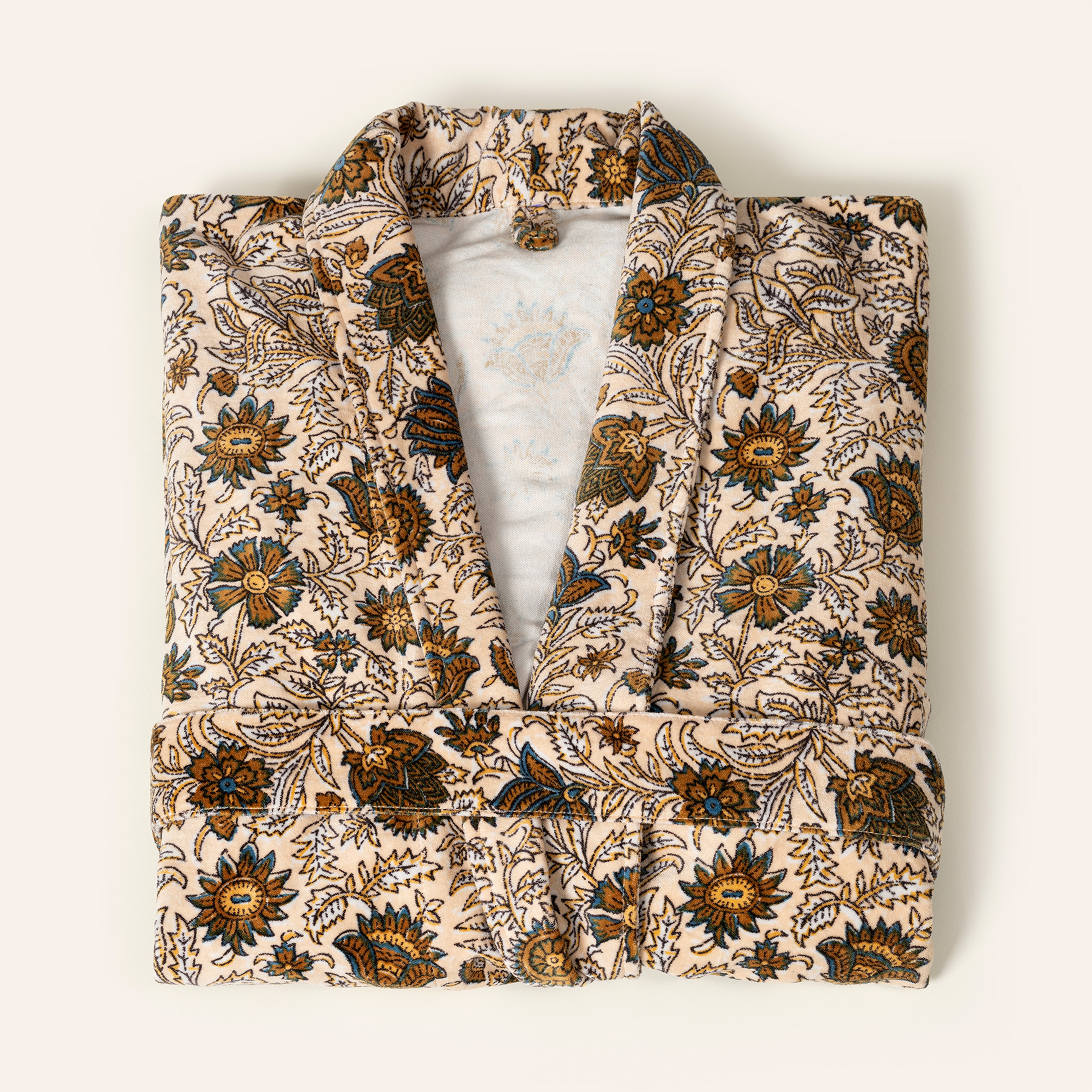 Bundı El Baskısı Pamuk Kadife Small-Medıum Beden Sabahlık Bej/kahverengi