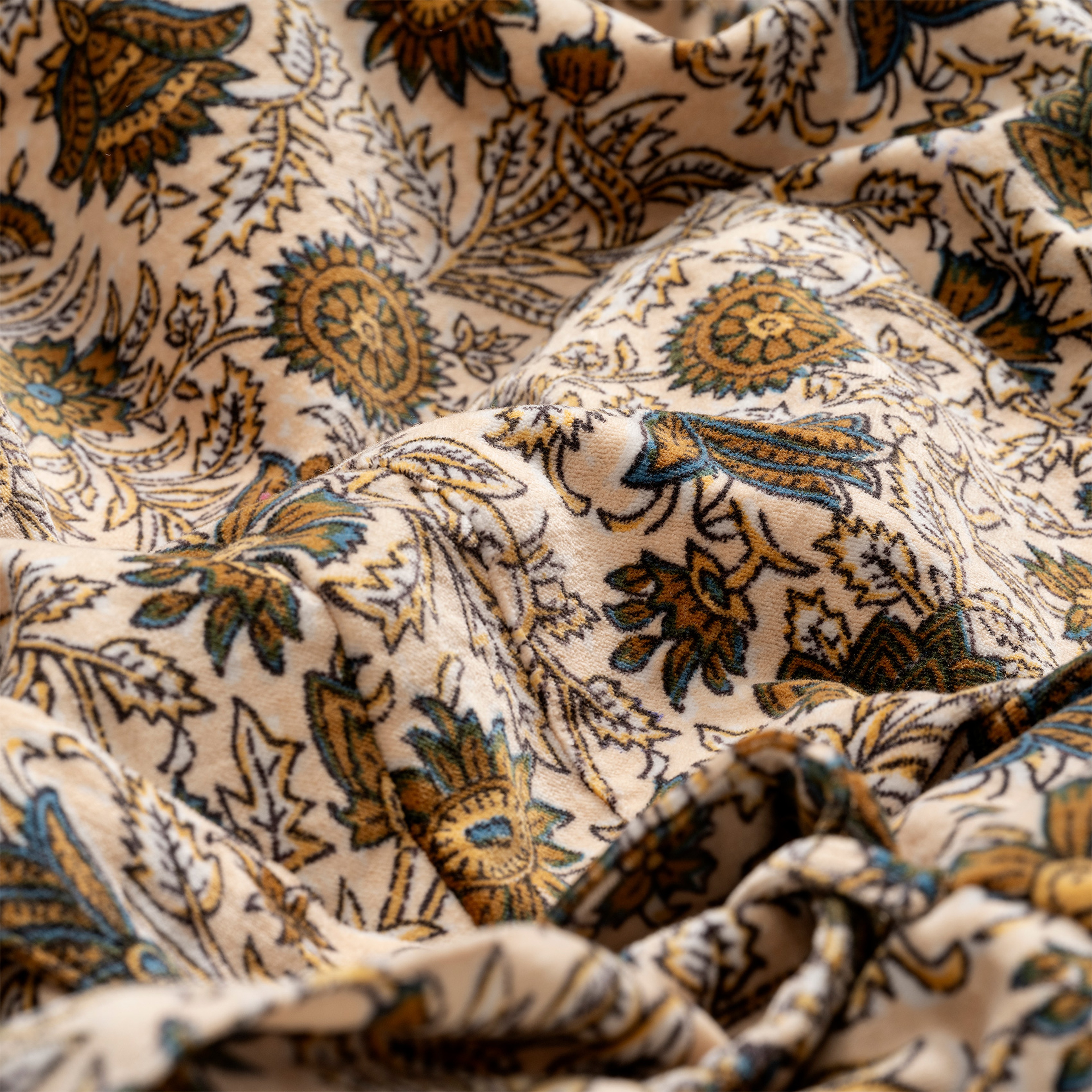 Bundı El Baskısı Pamuk Kadife Large-Xlarge Beden Sabahlık Bej/kahverengi