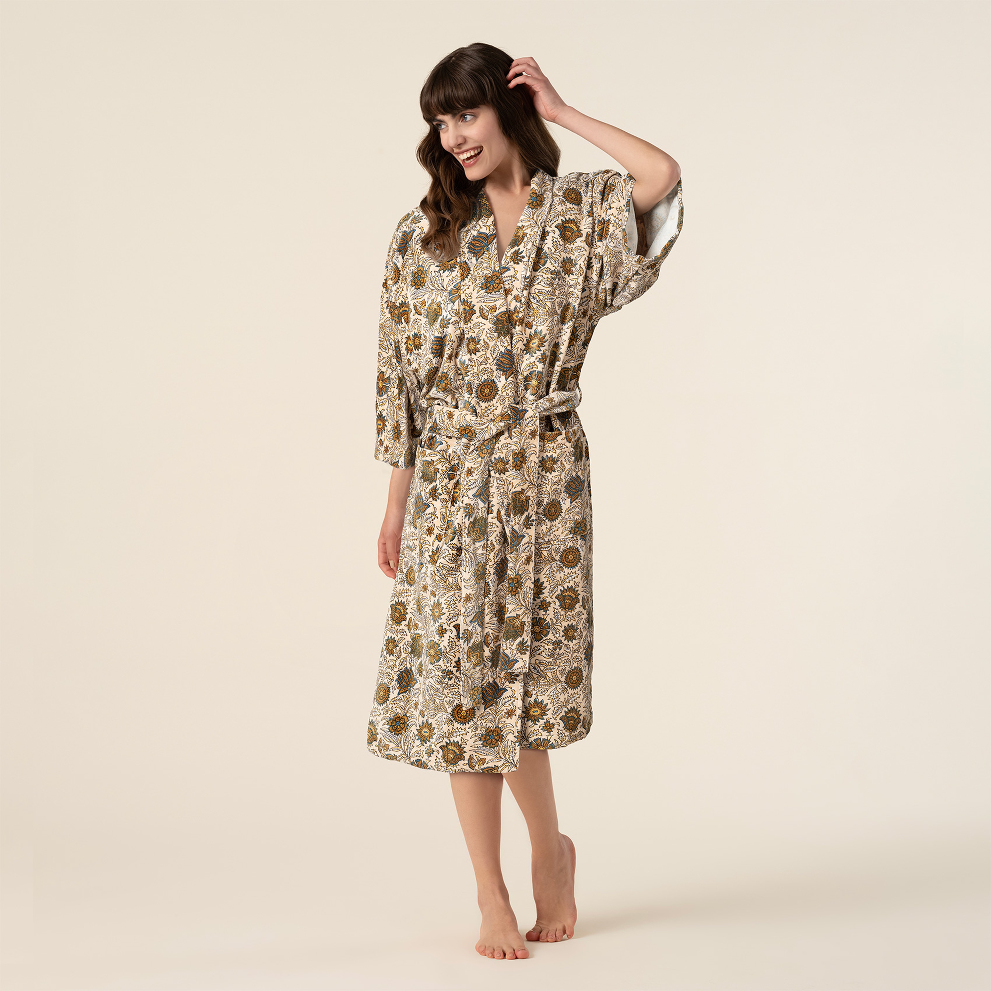 Bundı El Baskısı Pamuk Kadife Large-Xlarge Beden Sabahlık Bej/kahverengi