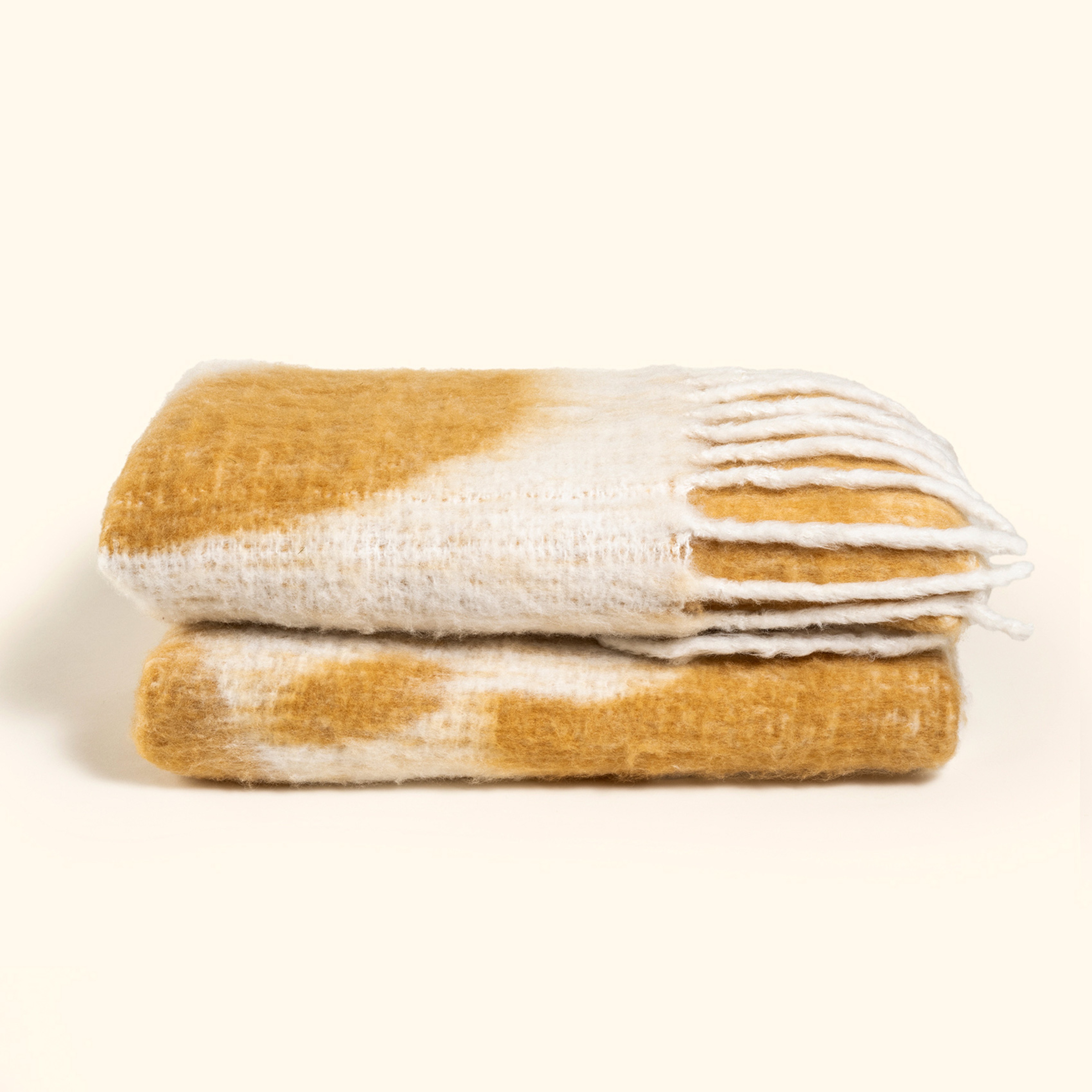 Ropar Saçaklı Jakarlı Akrilik Yün Akrilik Yün Koltuk Şalı 130x180 Cm Hardal Sarısı - Ekru