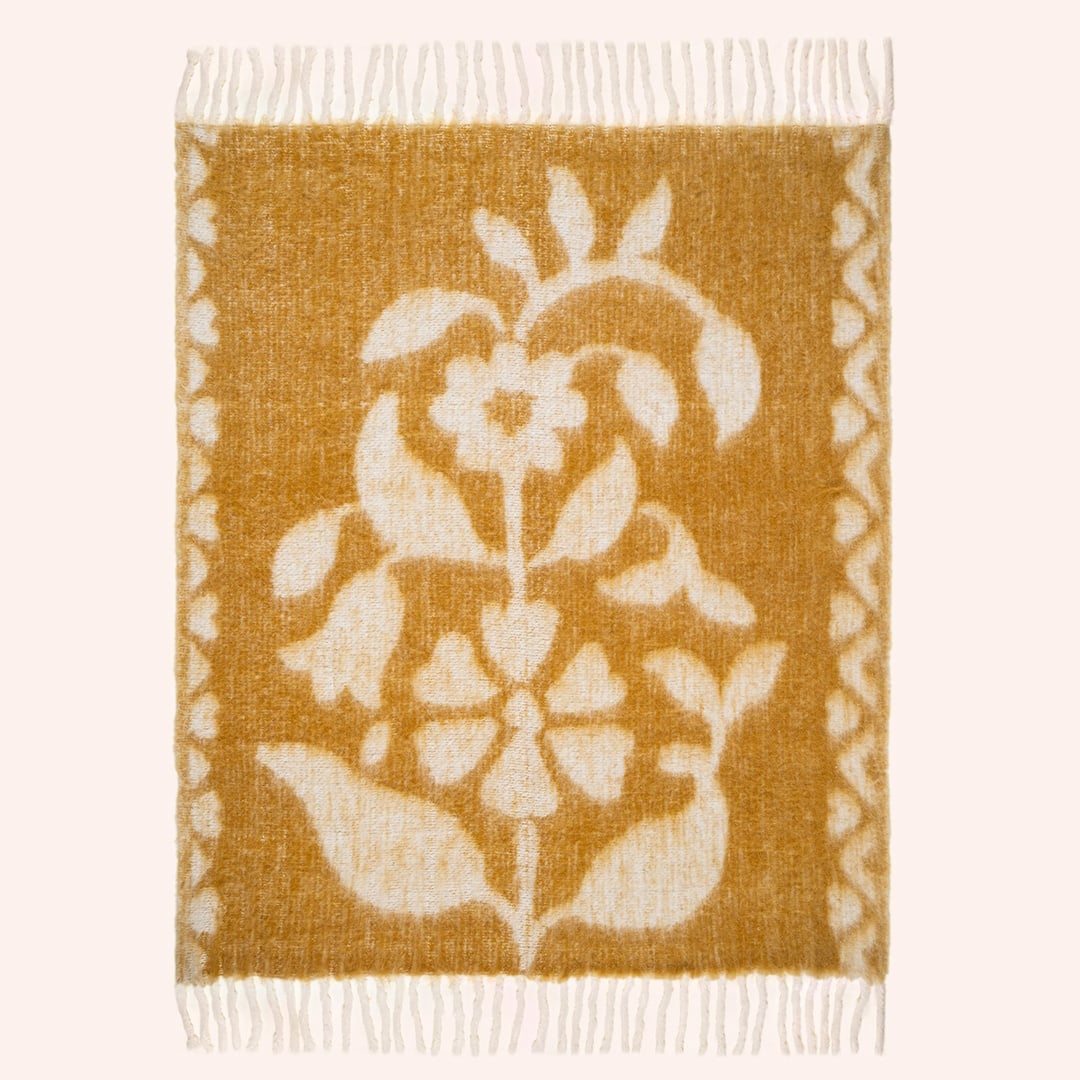 Ropar Saçaklı Jakarlı Akrilik Yün Akrilik Yün Koltuk Şalı 130x180 Cm Hardal Sarısı - Ekru