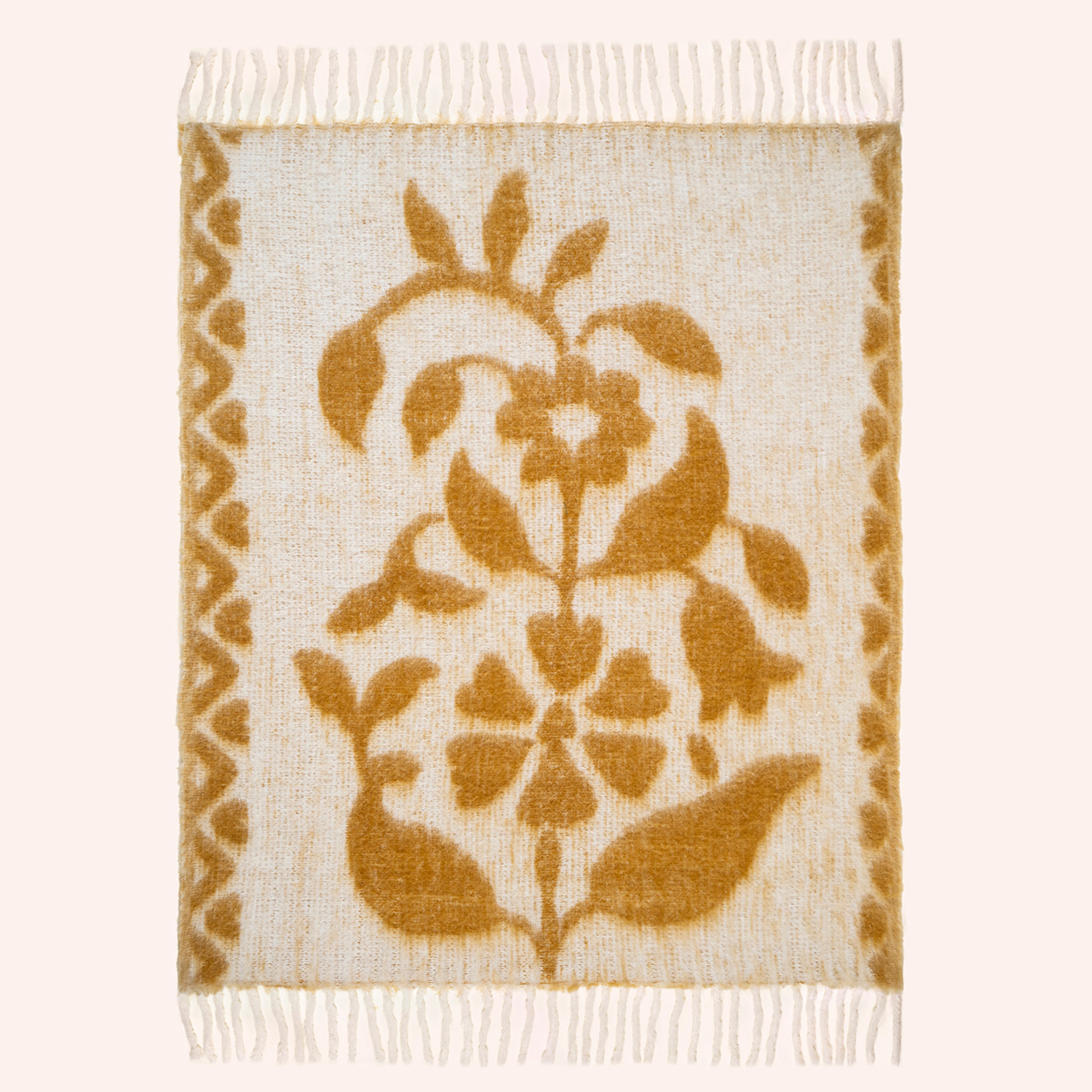 Ropar Saçaklı Jakarlı Akrilik Yün Akrilik Yün Koltuk Şalı 130x180 Cm Hardal Sarısı - Ekru