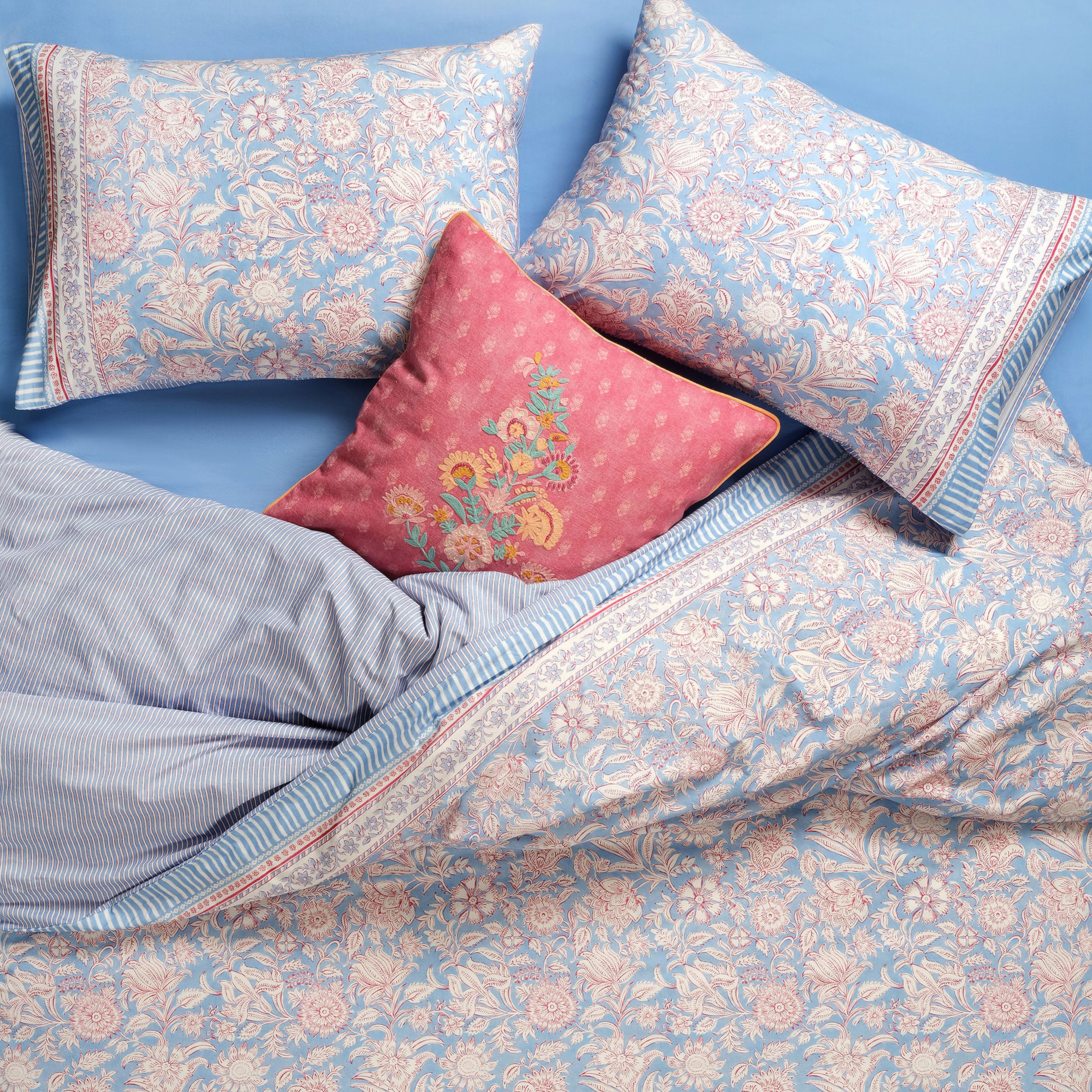 Lahor Mavi - Fuşya Çift Kişilik Pamuk Percale Nevresim Takımı