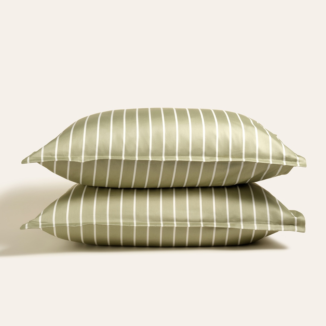 Solıd Geniş Çizgili 300 Tc Oxford 2'li Pamuk Saten Yastık Kılıfı 50x70+2 Cm Yeşil