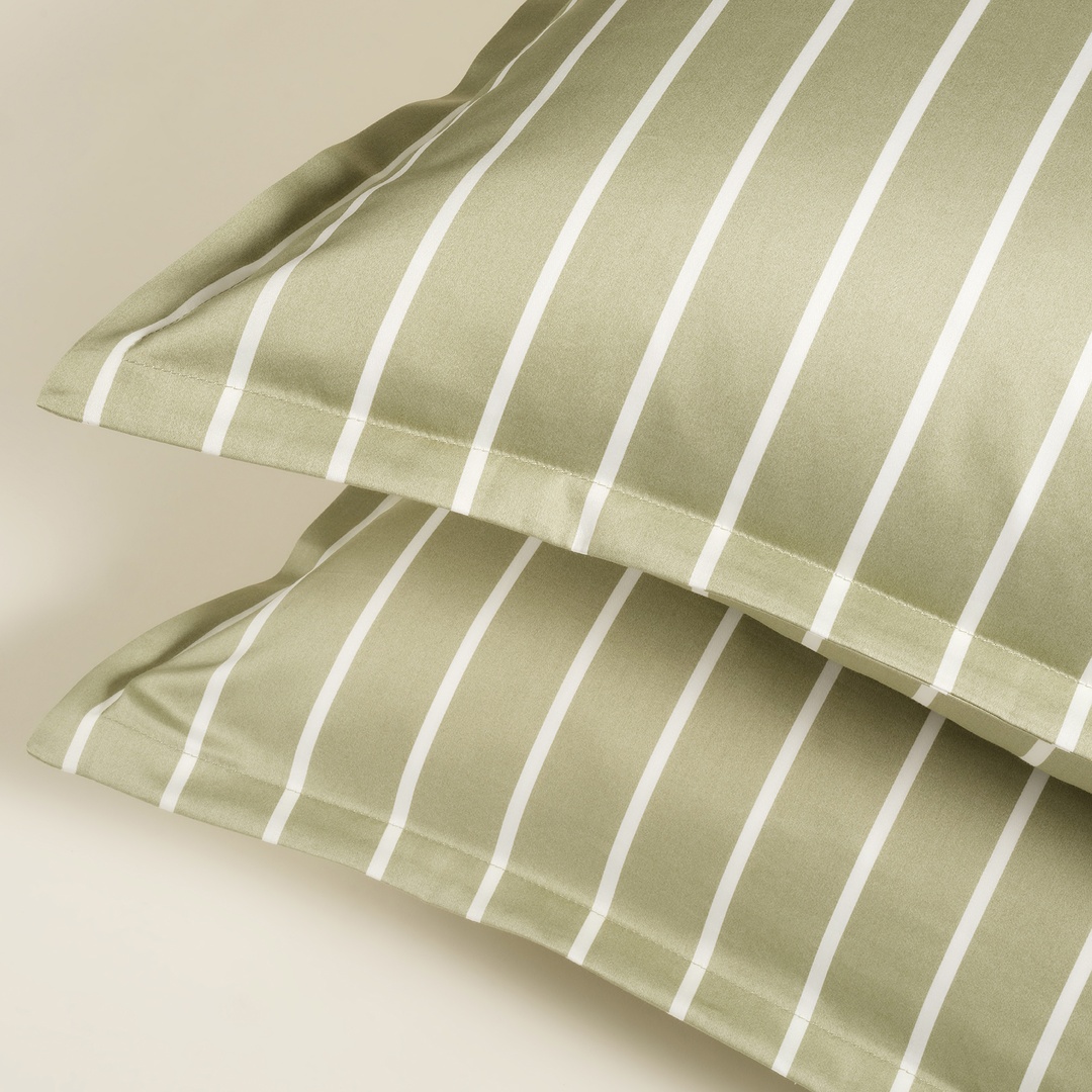 Solıd Geniş Çizgili 300 Tc Oxford 2'li Pamuk Saten Yastık Kılıfı 50x70+2 Cm Yeşil