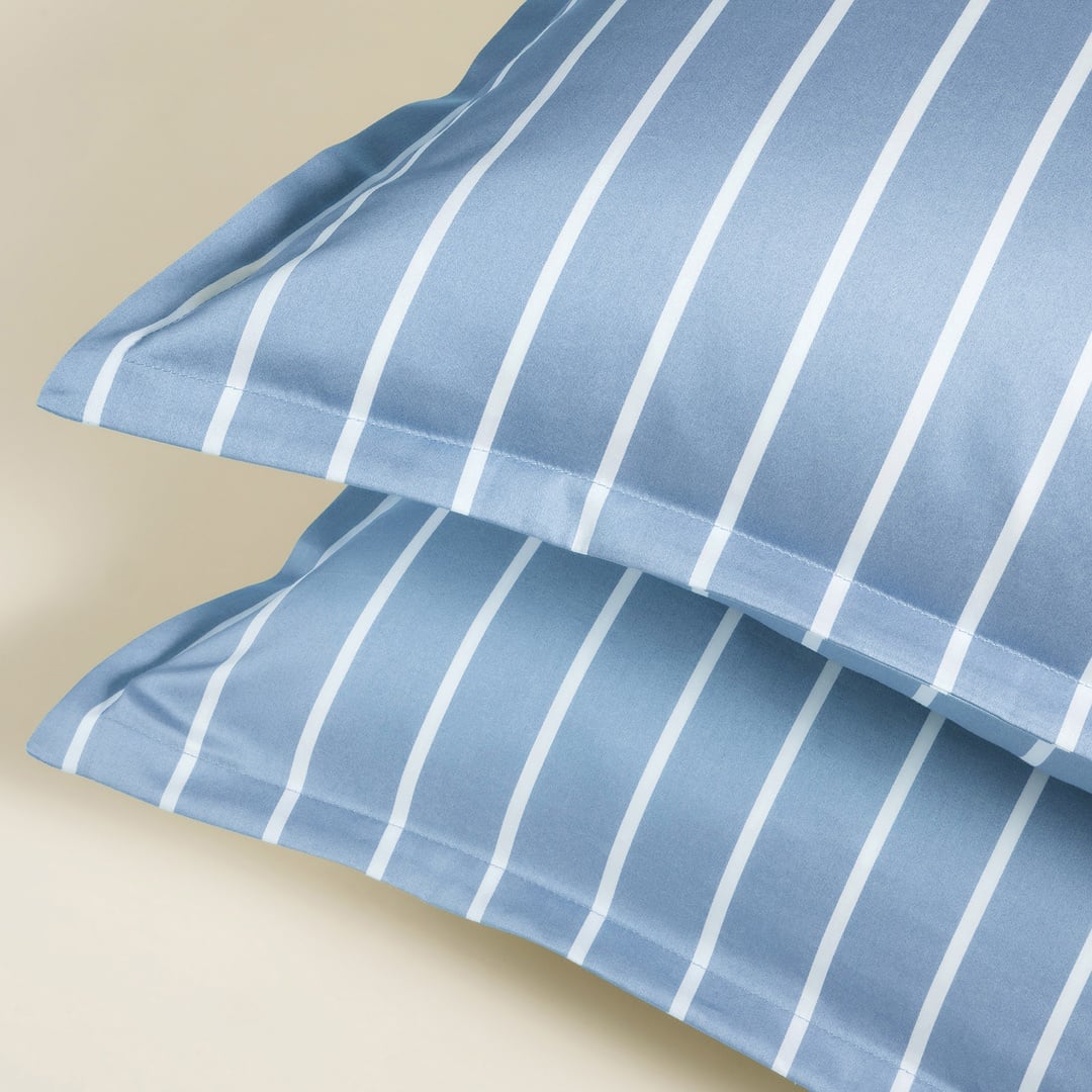 Solıd Geniş Çizgili 300 Tc Oxford 2'li Pamuk Saten Yastık Kılıfı 50x70+2 Cm Mavi