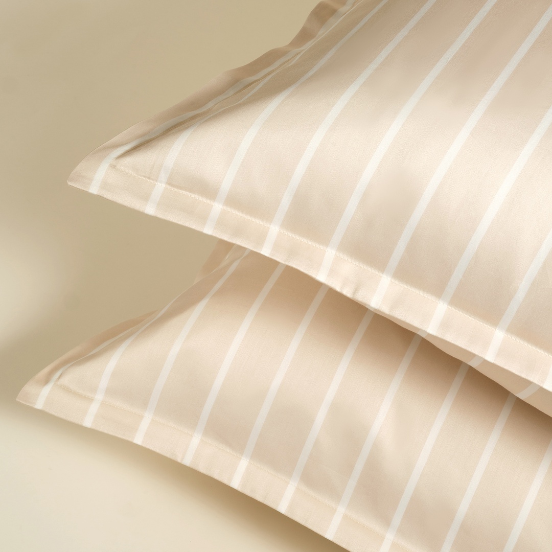 Solıd Geniş Çizgili 300 Tc Oxford 2'li Pamuk Saten Yastık Kılıfı 50x70+2 Cm Krem