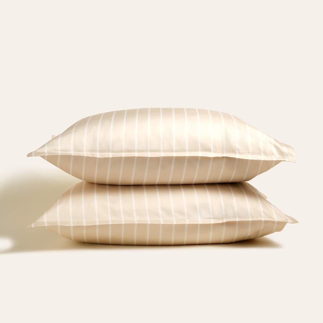 Solıd Geniş Çizgili 300 Tc Oxford 2'li Pamuk Saten Yastık Kılıfı 50x70+2 Cm Krem