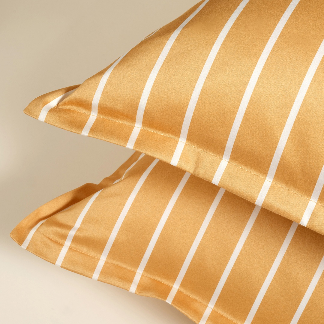 Solıd Geniş Çizgili 300 Tc Oxford 2'li Pamuk Saten Yastık Kılıfı 50x70+2 Cm Sarı