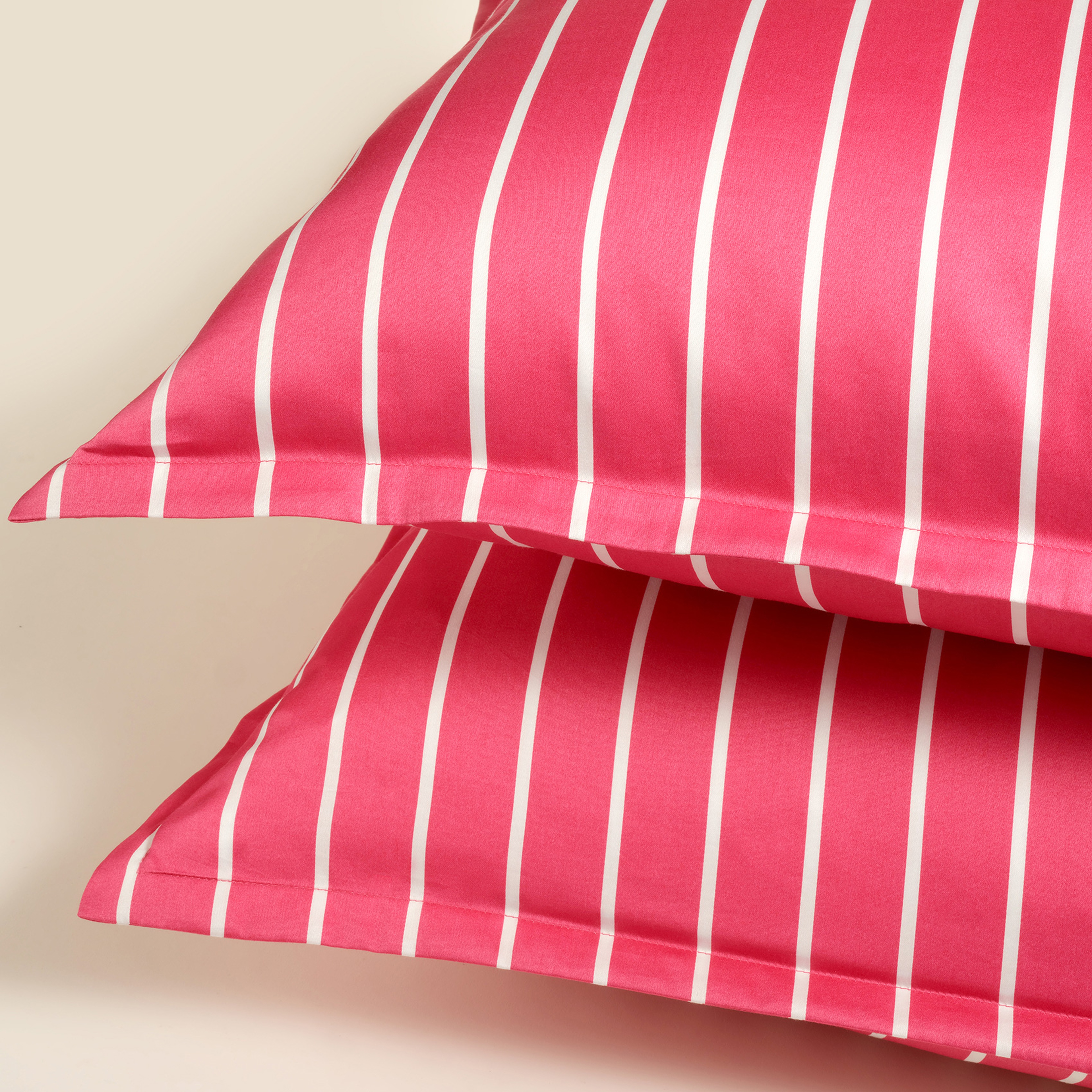 Solıd Geniş Çizgili 300 Tc Oxford 2'li Pamuk Saten Yastık Kılıfı 50x70+2 Cm Fuşya