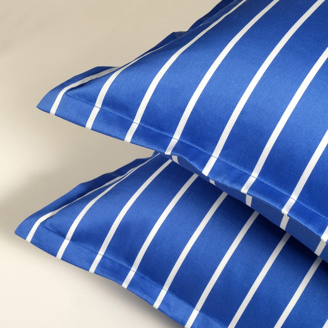 Solıd Geniş Çizgili 300 Tc Oxford 2'li Pamuk Saten Yastık Kılıfı 50x70+2 Cm Koyu Mavi