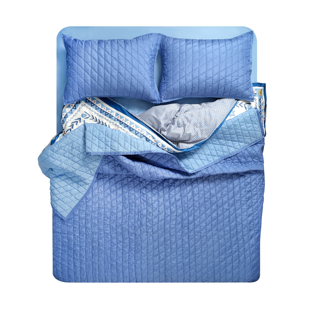 Okhla Çift Kişilik İpek Yatak Örtüsü Seti 240x260 Cm Mavi