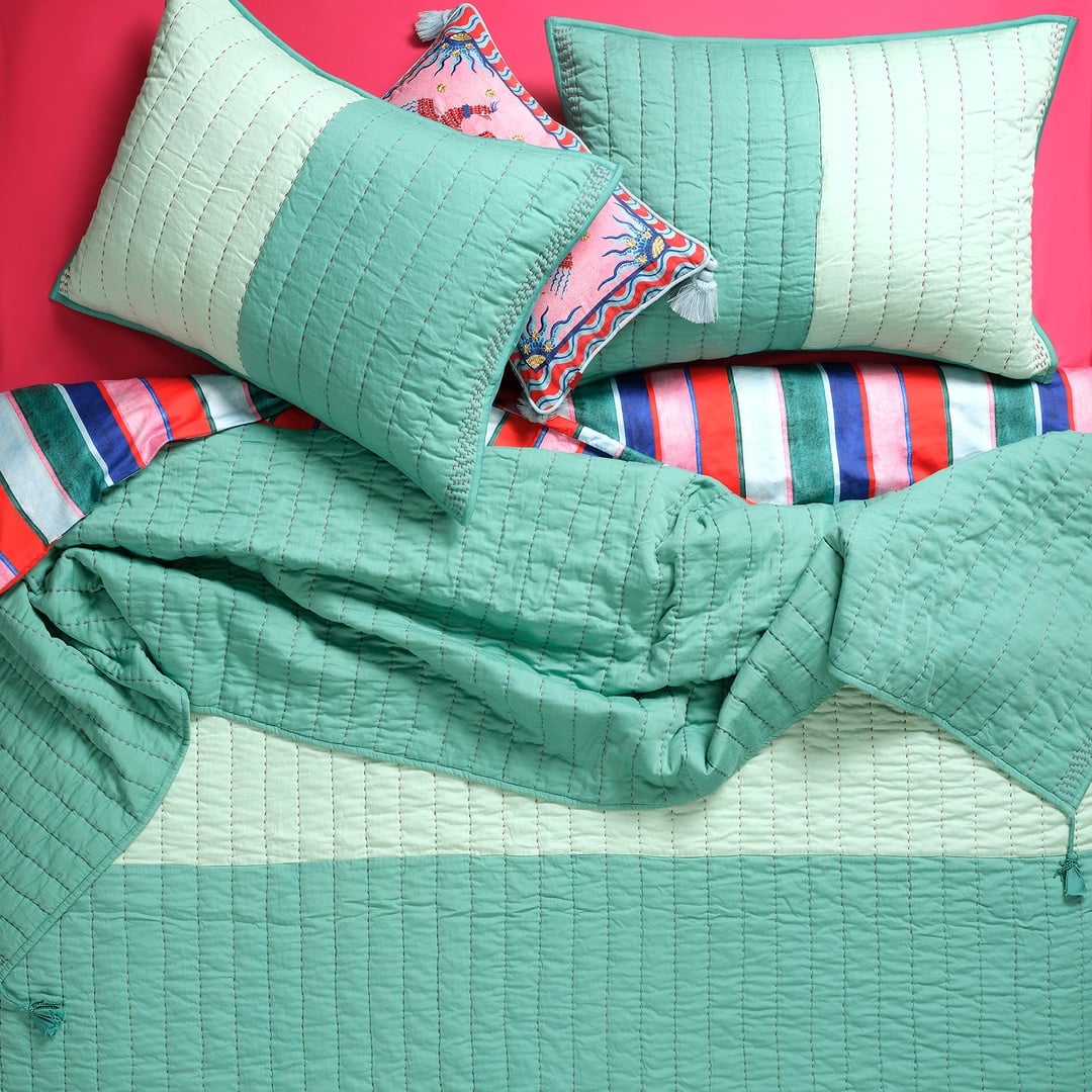 Okhla El İşi Kapitoneli Çift Kişilik Pamuk Saten Yatak Örtüsü Seti 240x260 Cm Yeşil