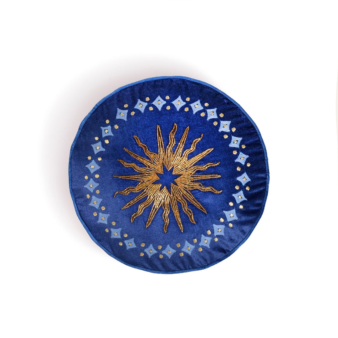 Ghunı Dijital Baskılı Nakışlı Viskon Pamuk Kadife Dolgulu Kırlent 40 Cm Mavi