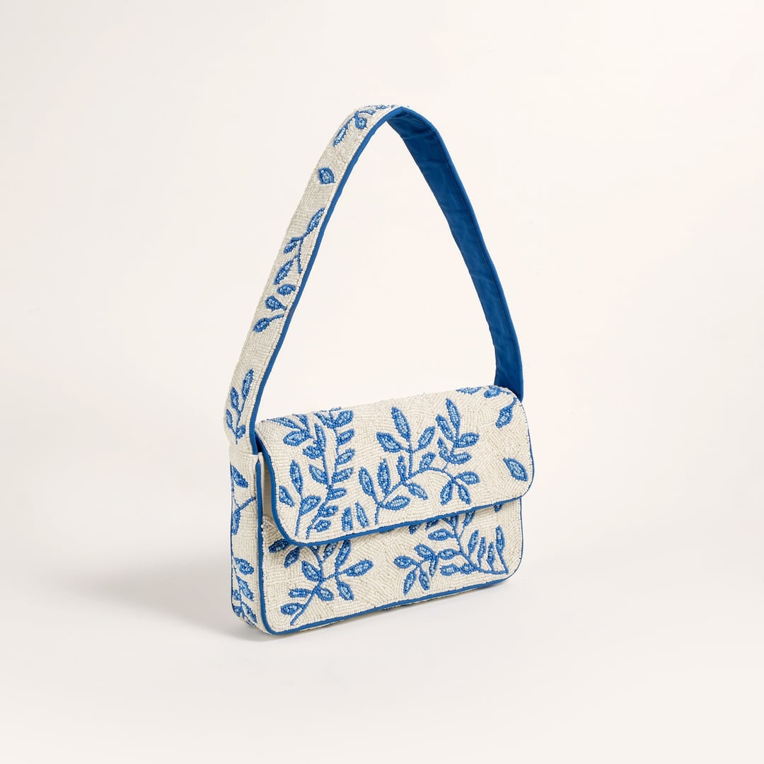 Delhı Boncuklu Pamuk Omuz Çantası 24x16.5 Cm Mavi