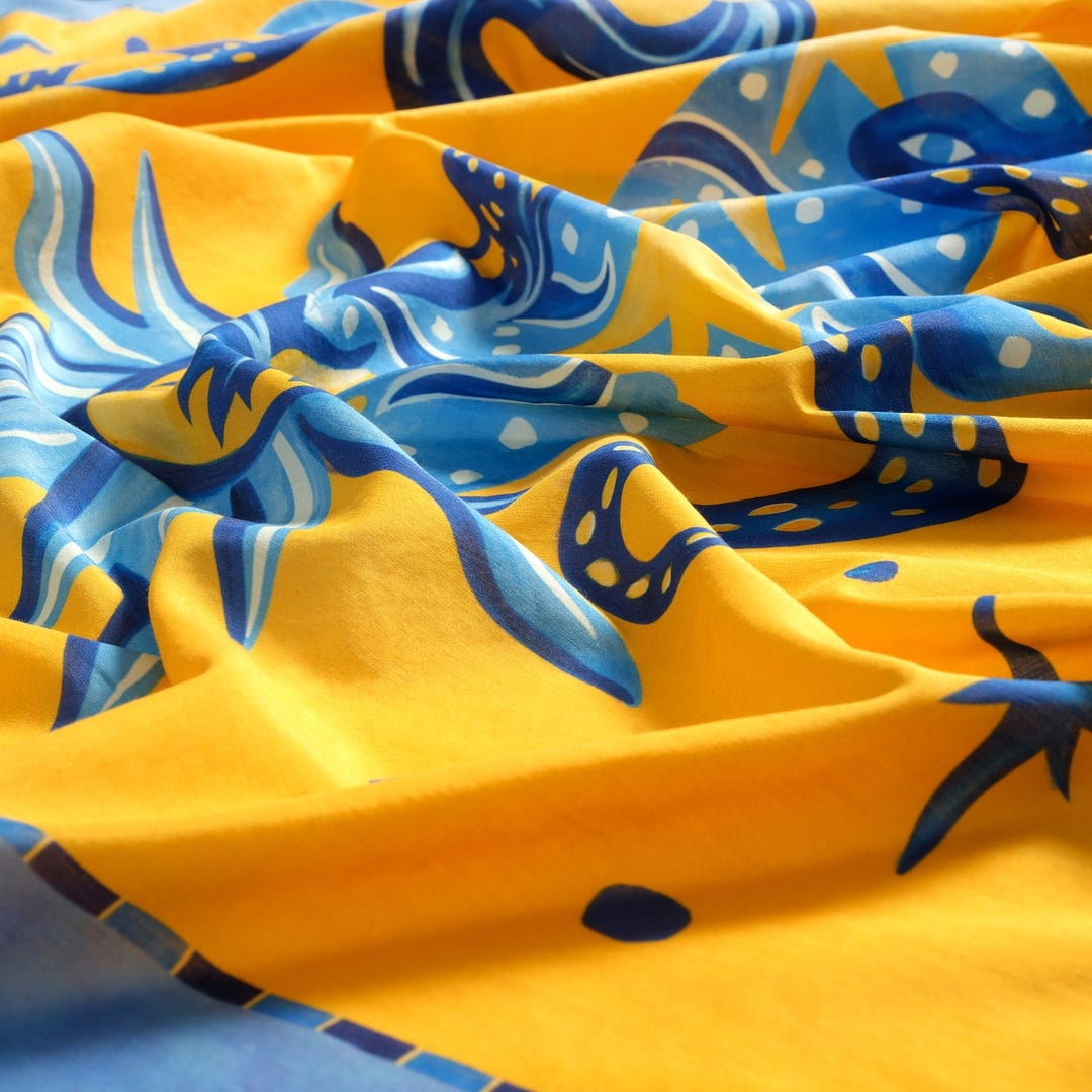 Pera Dijital Baskılı Pamuk Pamuk İpek Pareo 140x140 Cm Mavi - Sarı