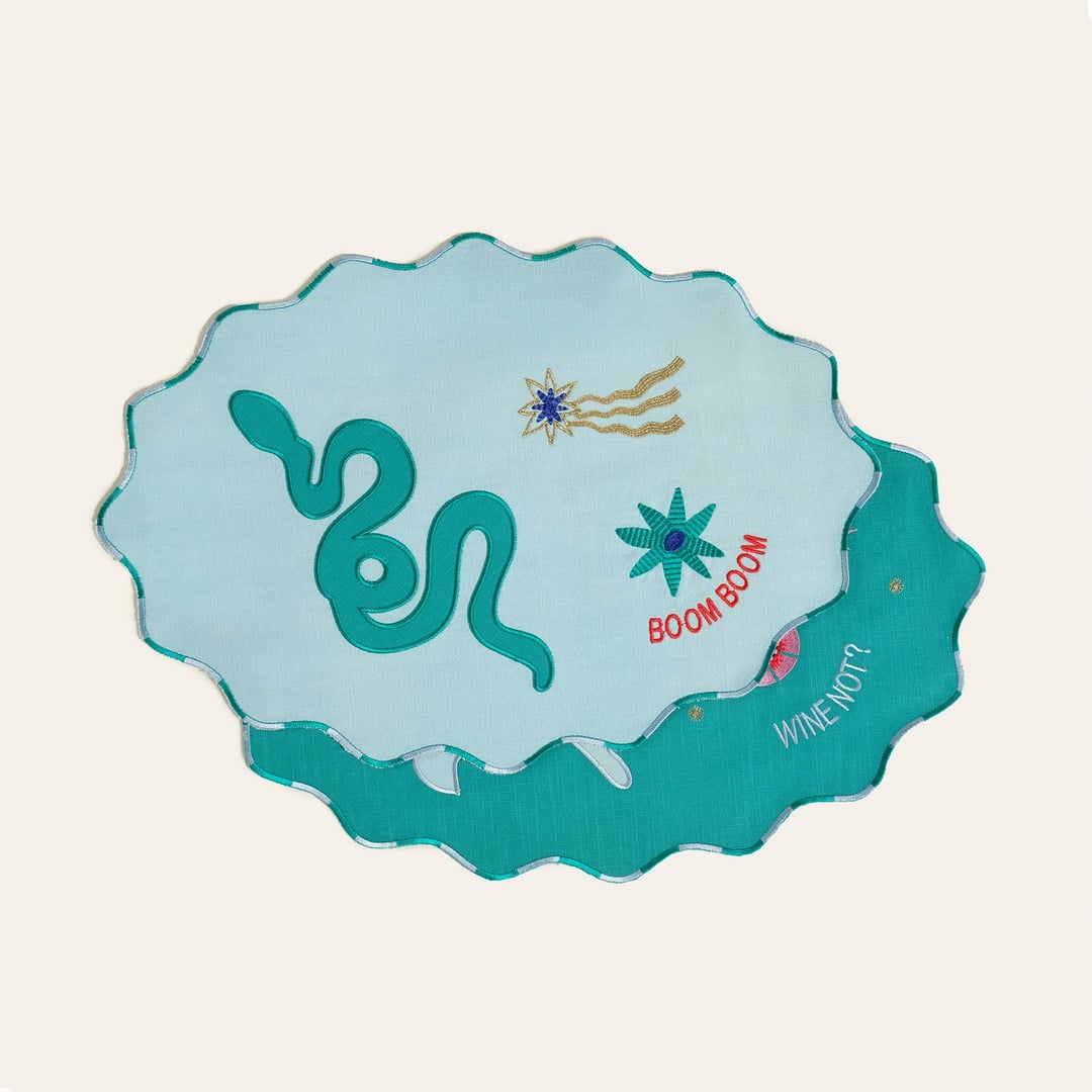 Nilüfer Dijital Baskılı Nakışlı Pamuk Amerikan Servis 35x50 Cm Yeşil - Mavi