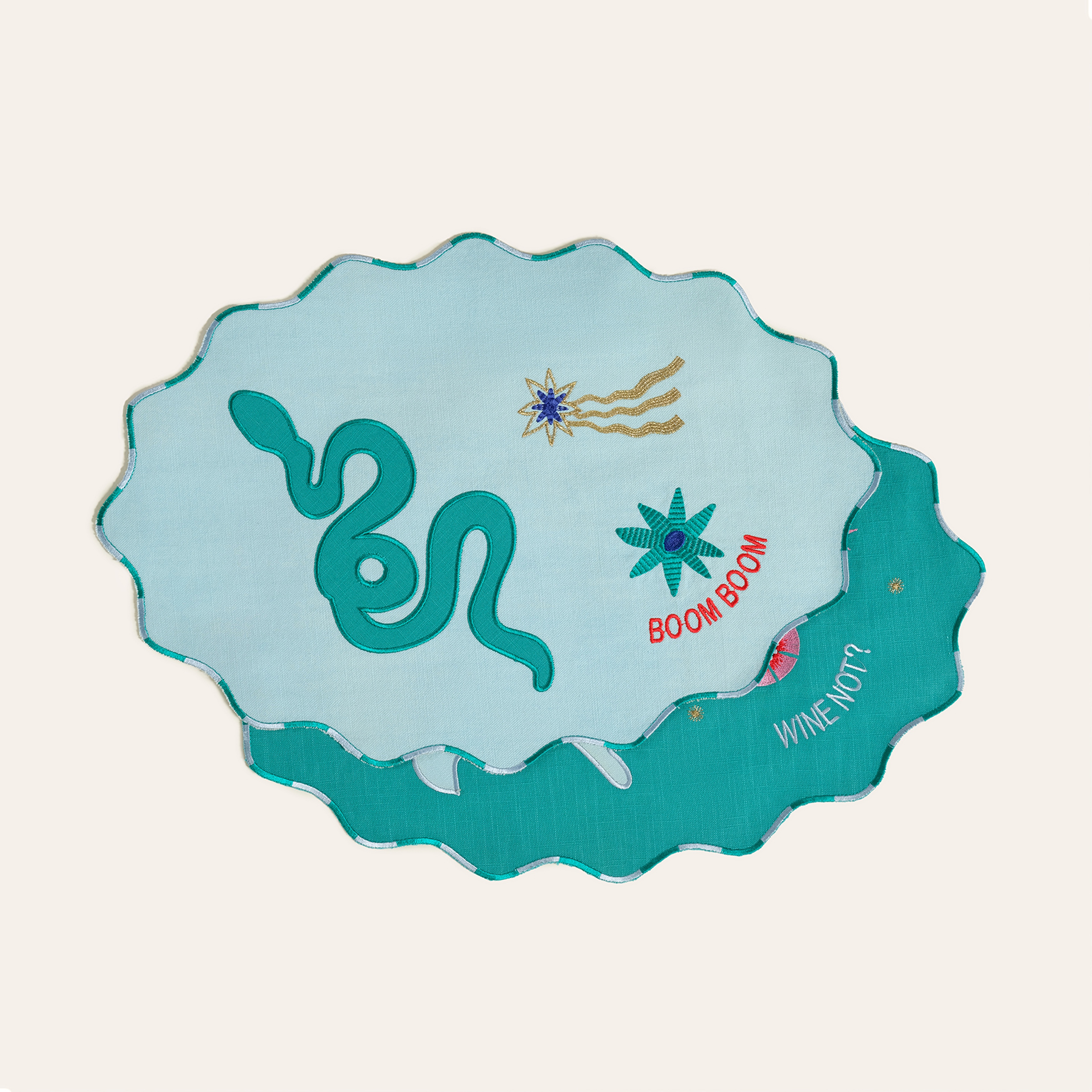 Nilüfer Dijital Baskılı Nakışlı Pamuk Amerikan Servis 35x50 Cm Yeşil - Mavi