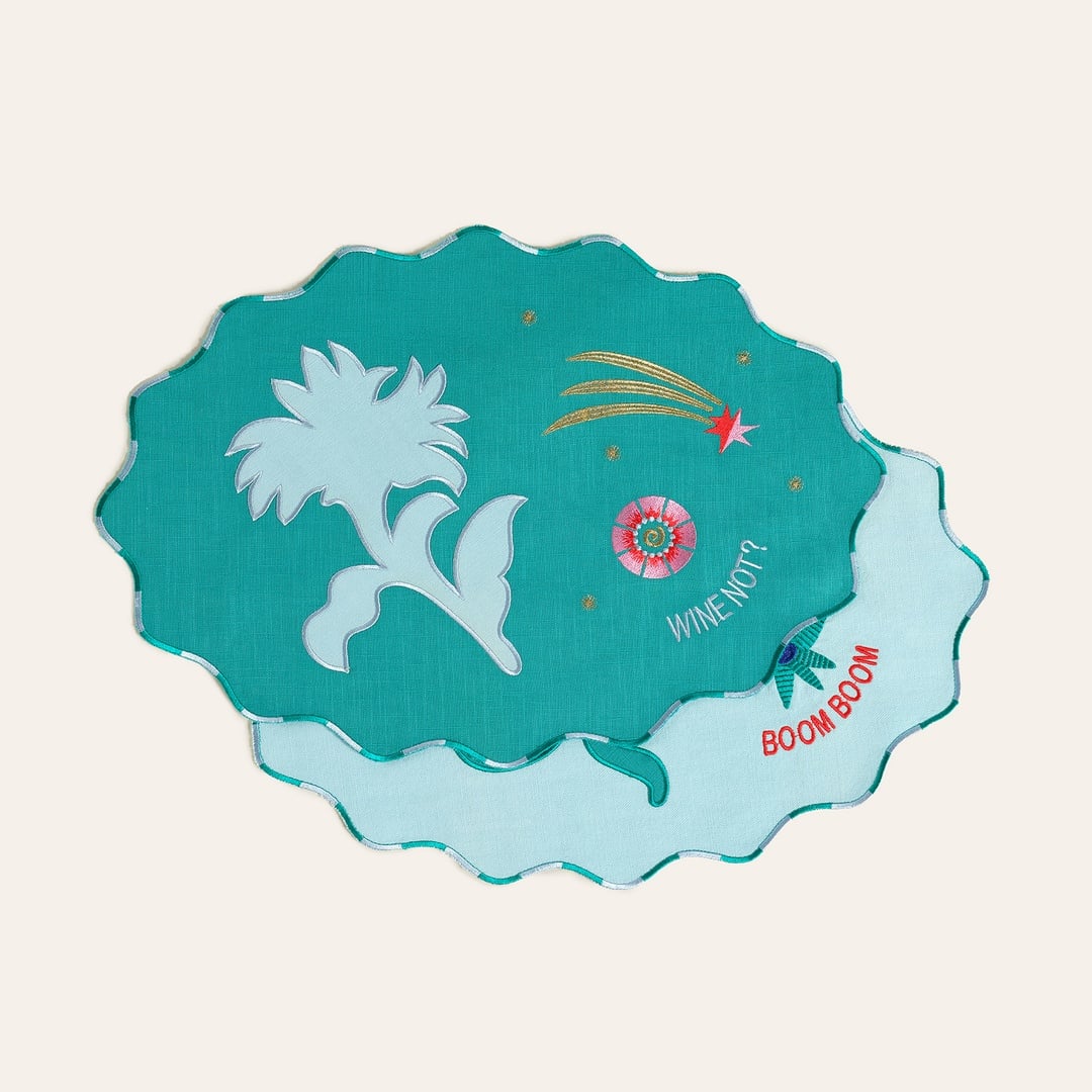 Nilüfer Dijital Baskılı Nakışlı Pamuk Amerikan Servis 35x50 Cm Yeşil - Mavi