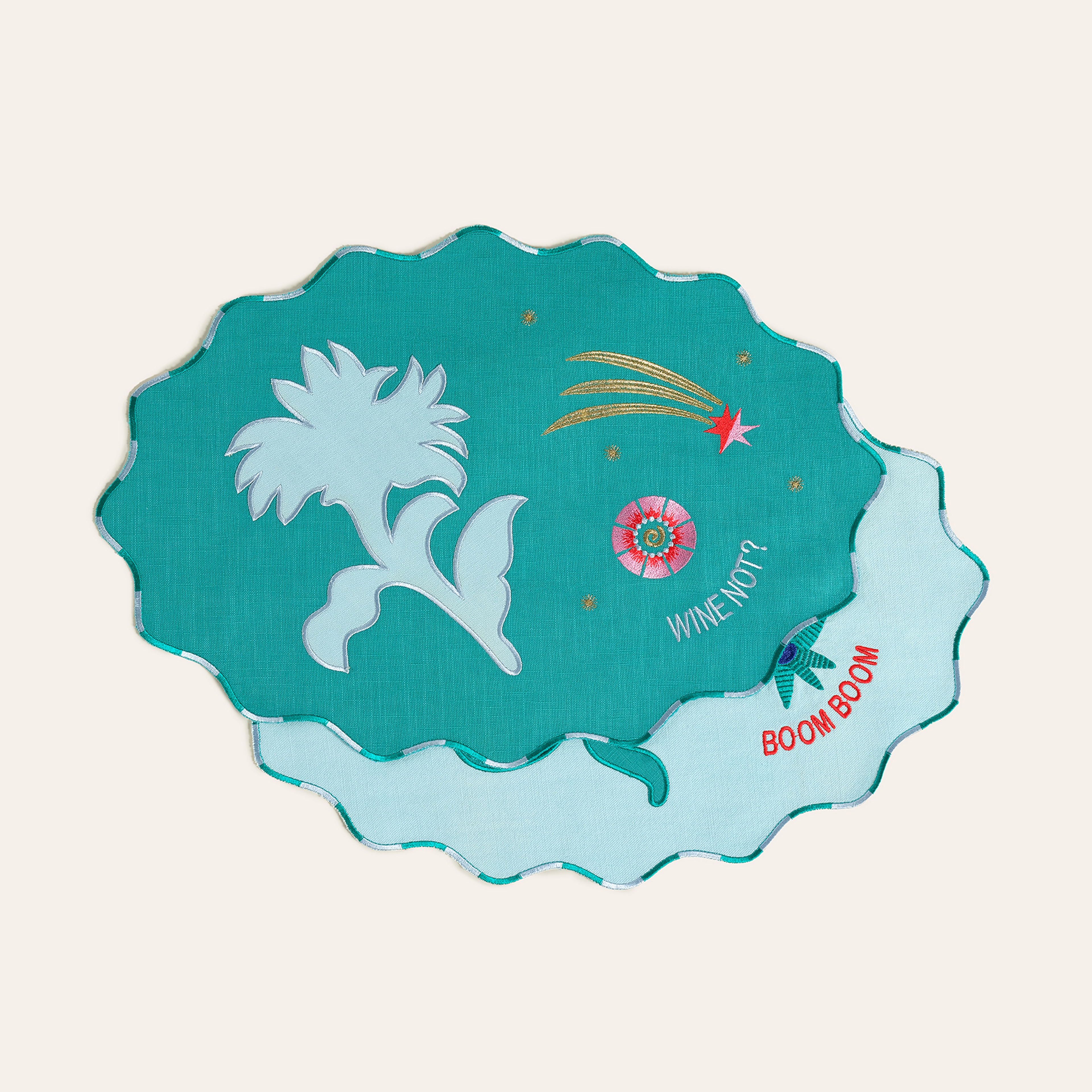 Nilüfer Dijital Baskılı Nakışlı Pamuk Amerikan Servis 35x50 Cm Yeşil - Mavi