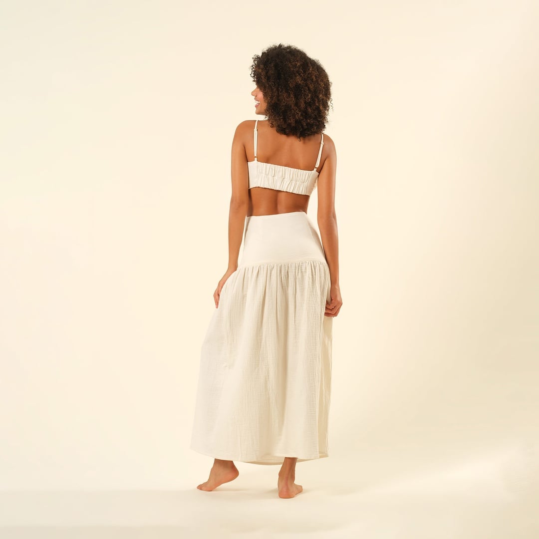 Tavas Bağlamalı Uzun %100 Pamuk Etek - Ekru