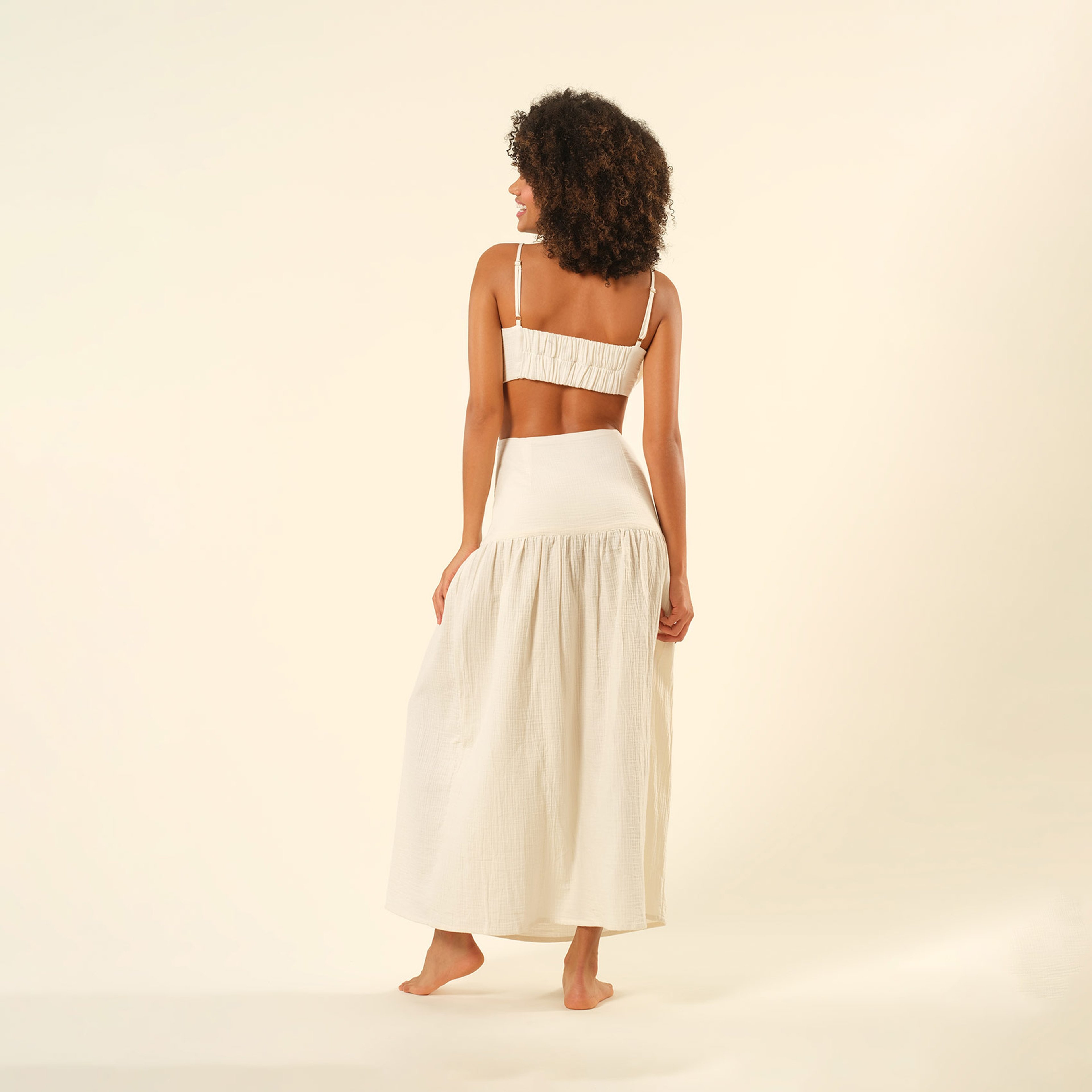 Tavas Bağlamalı Uzun %100 Pamuk Etek - Ekru