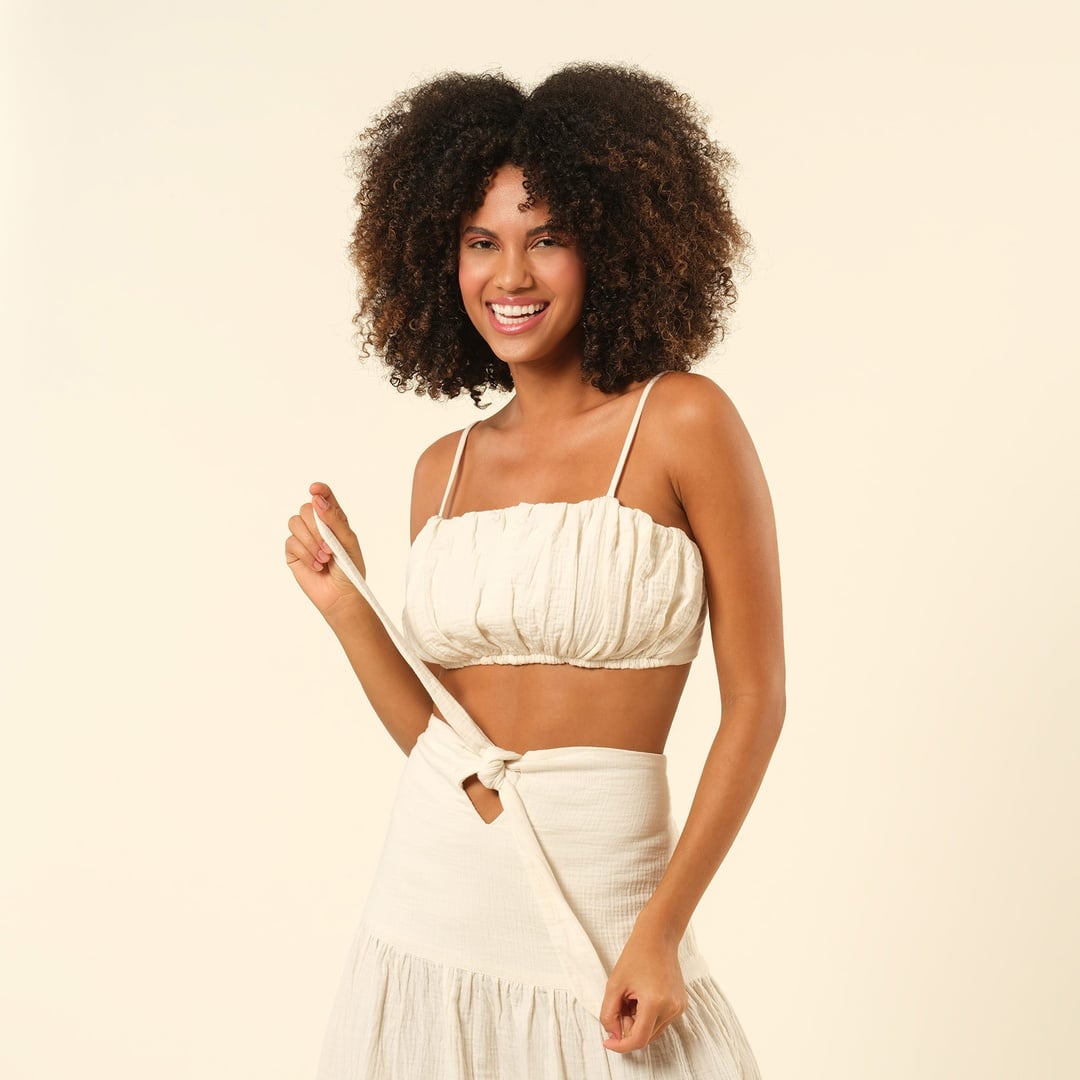 Tavas Bağlamalı Uzun %100 Pamuk Etek - Ekru