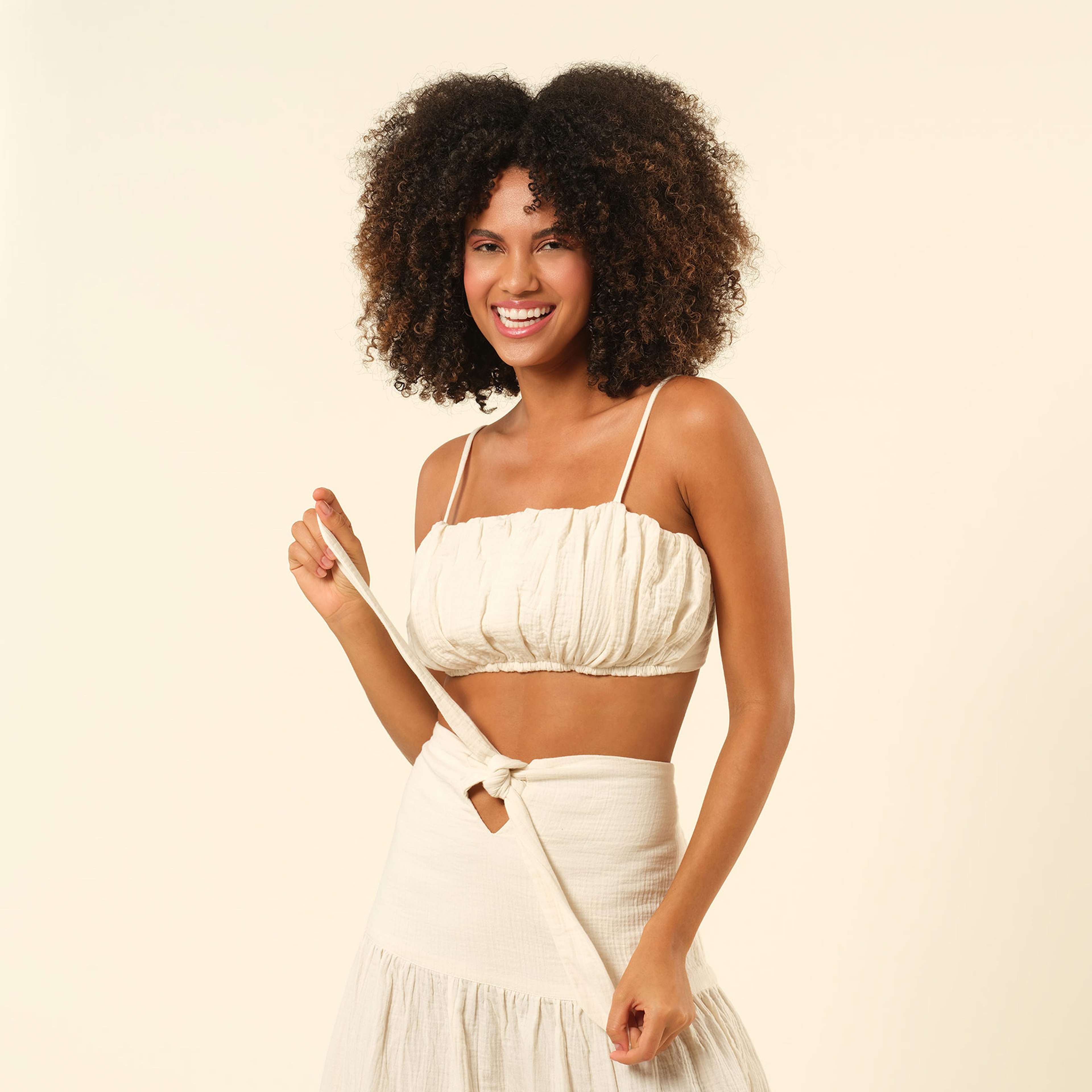 Tavas Bağlamalı Uzun %100 Pamuk Etek - Ekru