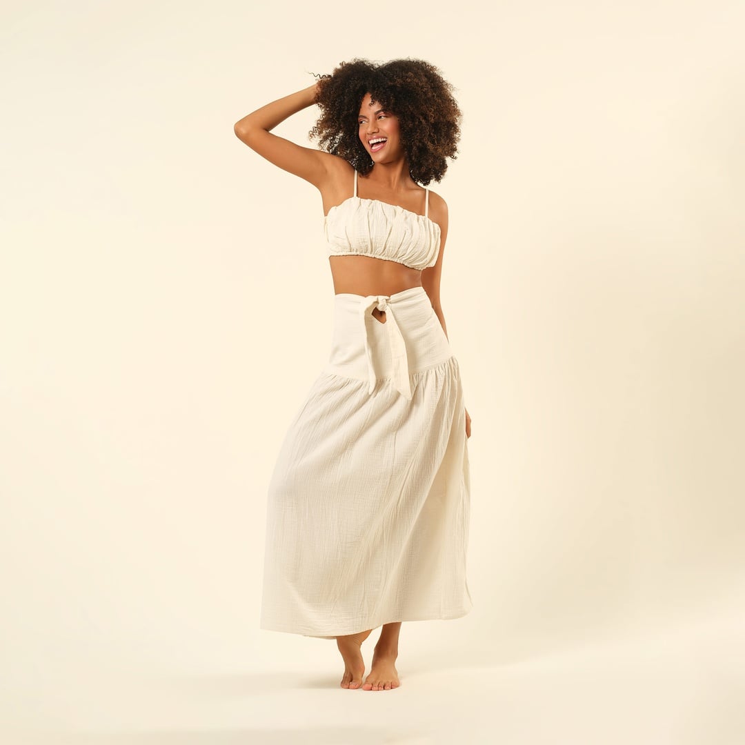 Tavas Bağlamalı Uzun %100 Pamuk Etek - Ekru