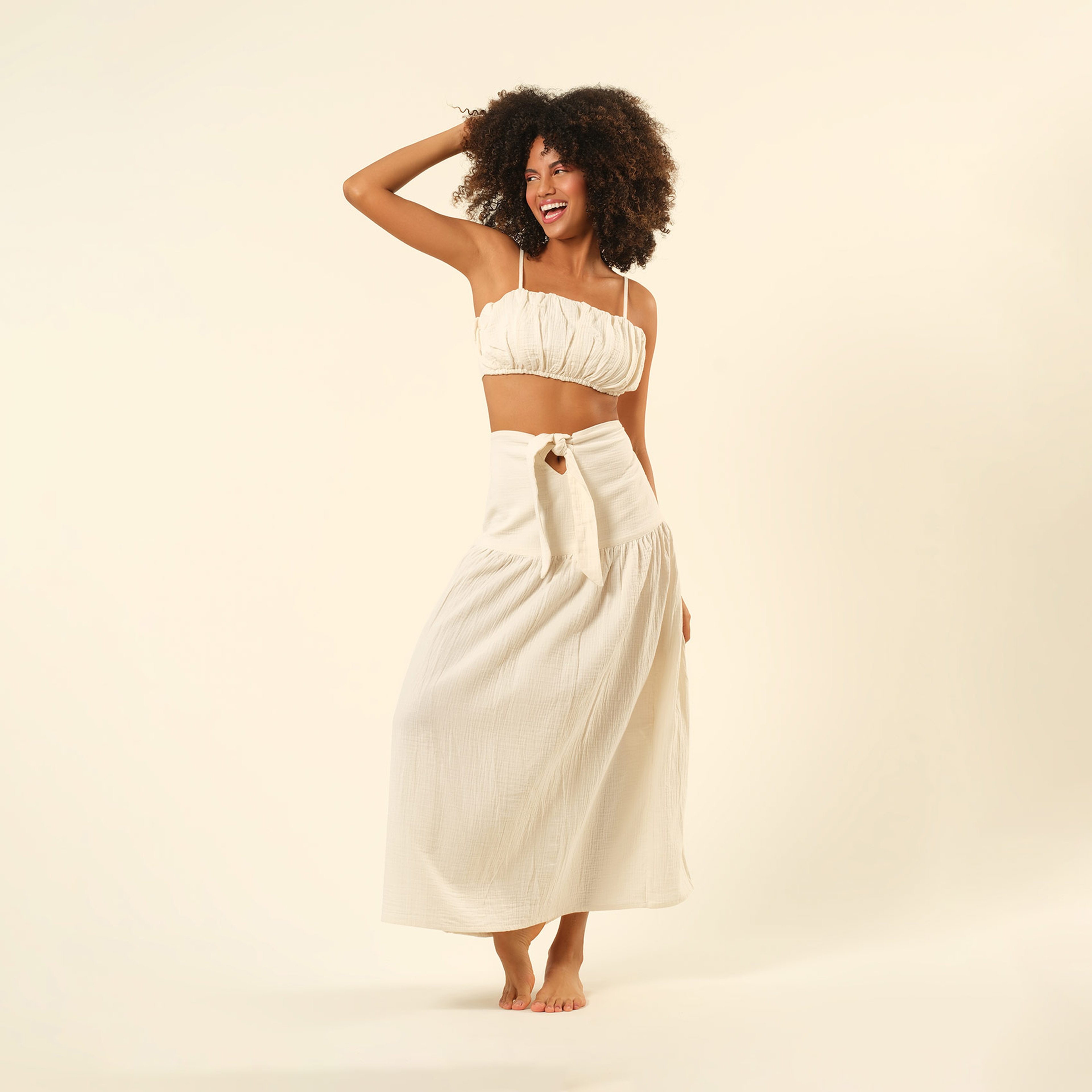 Tavas Bağlamalı Uzun %100 Pamuk Etek - Ekru