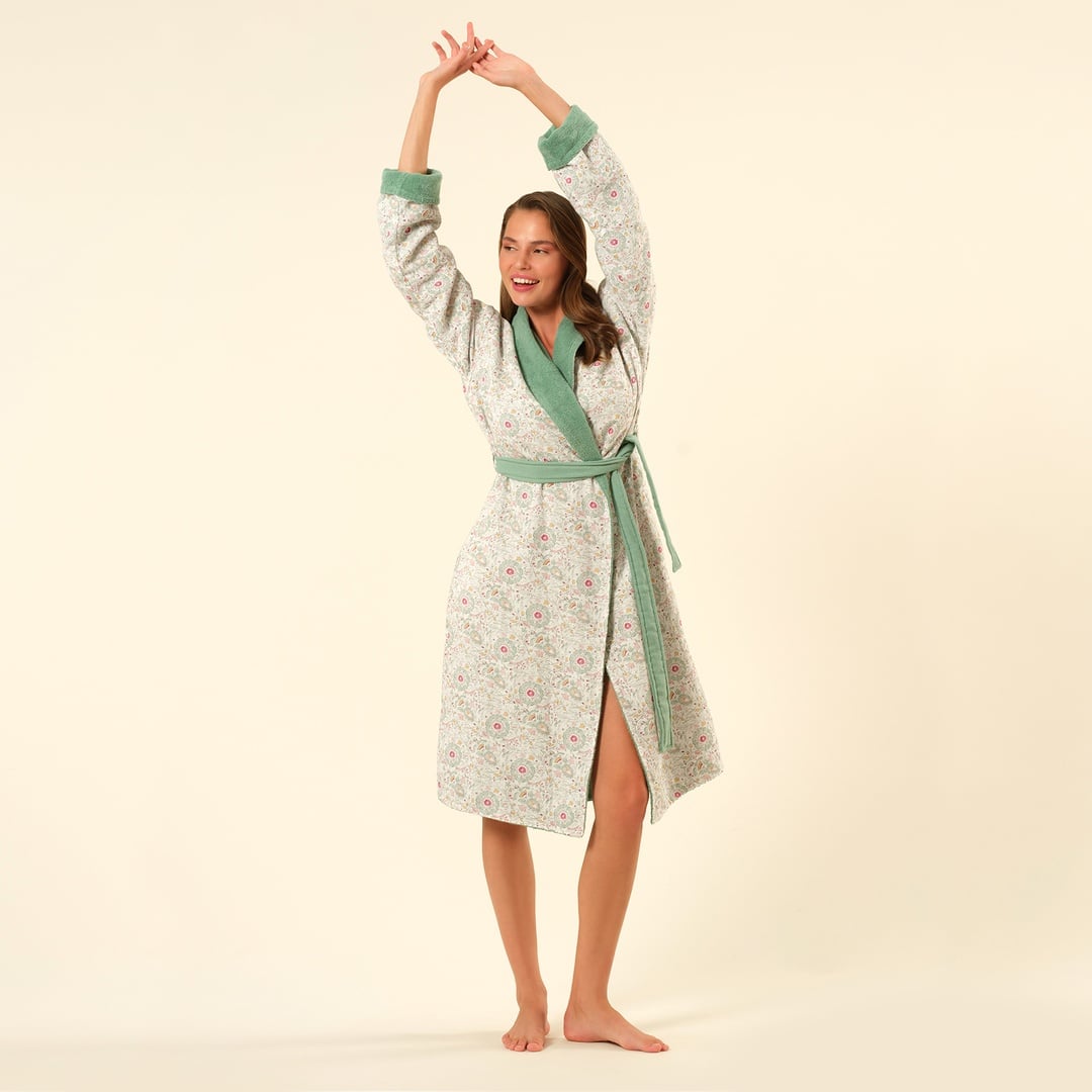 Tabea Şal Yaka Müslin Pamuk %100 Pamuk Bornoz - Yeşil