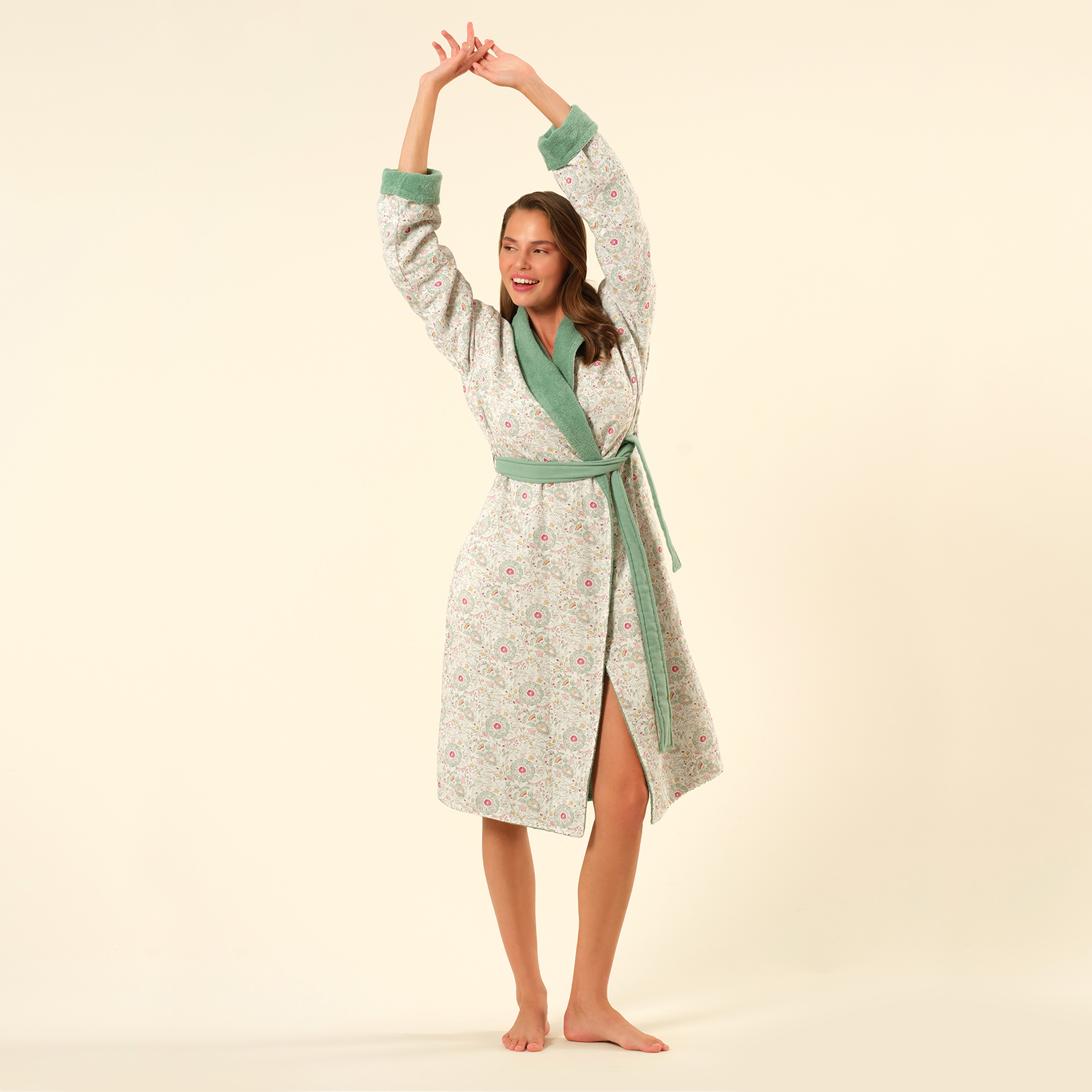 Tabea Şal Yaka Müslin Pamuk %100 Pamuk Bornoz - Yeşil