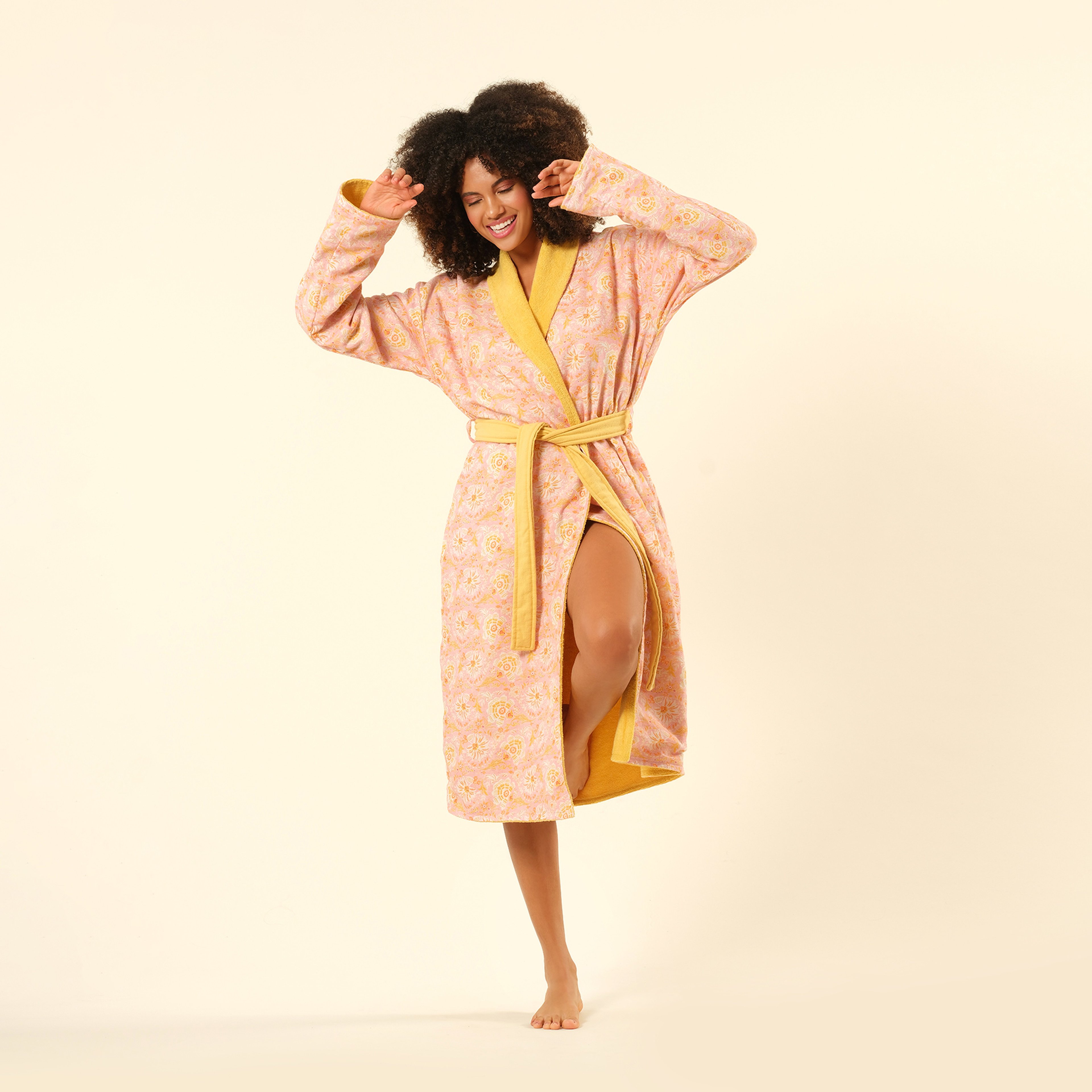 Tabea Şal Yaka Müslin Pamuk %100 Pamuk Bornoz - Sarı