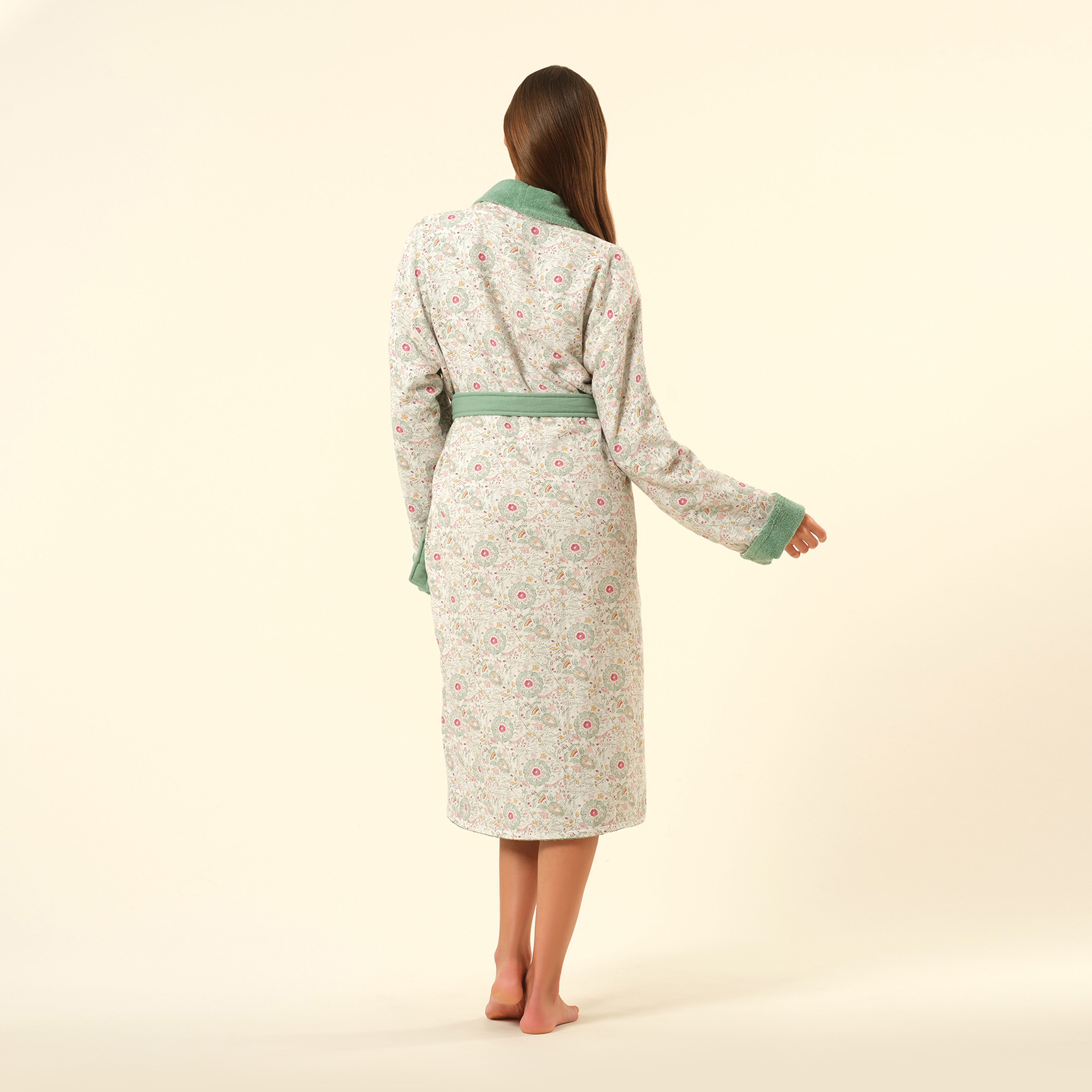 Tabea Şal Yaka Müslin Pamuk %100 Pamuk Bornoz - Yeşil