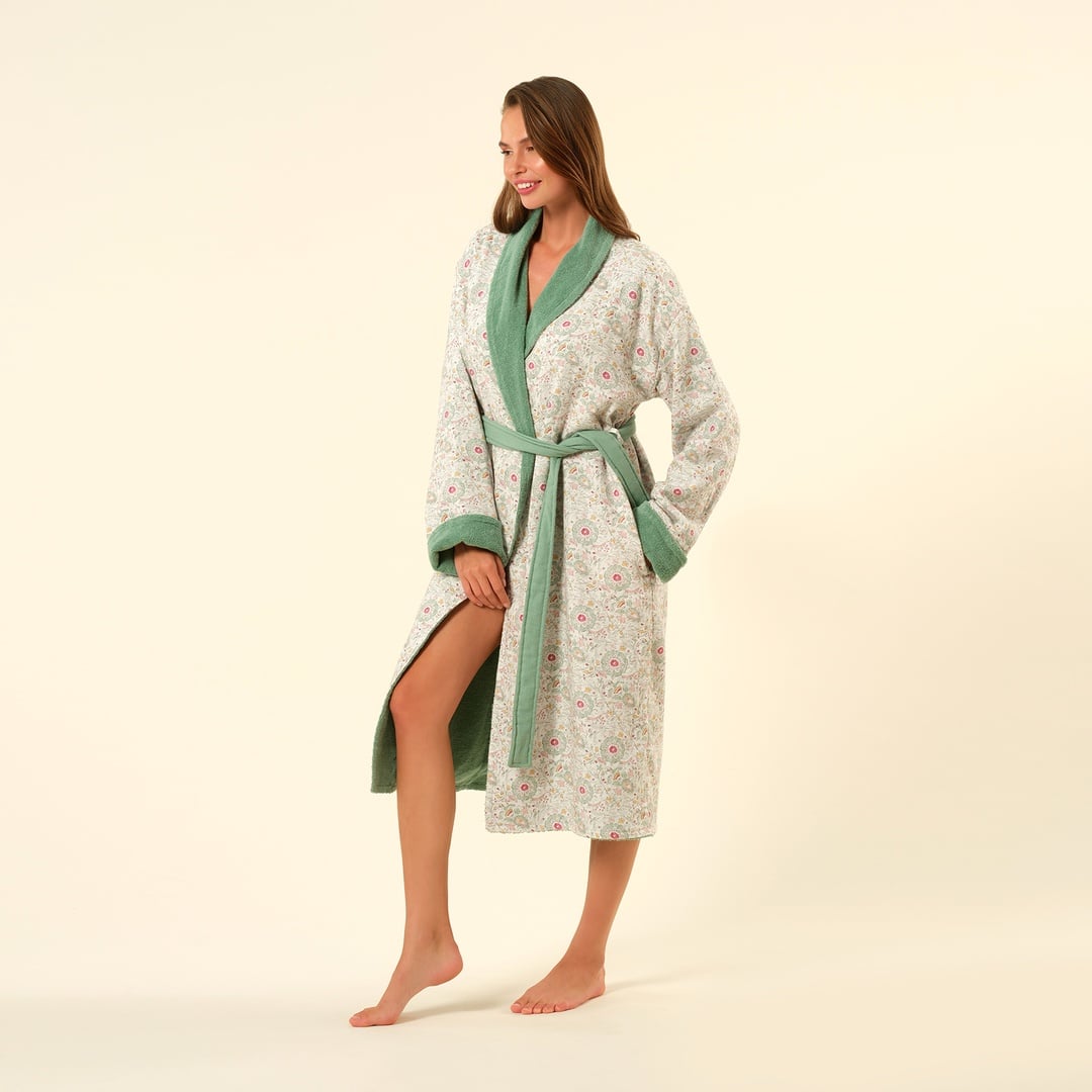 Tabea Şal Yaka Müslin Pamuk %100 Pamuk Bornoz - Yeşil