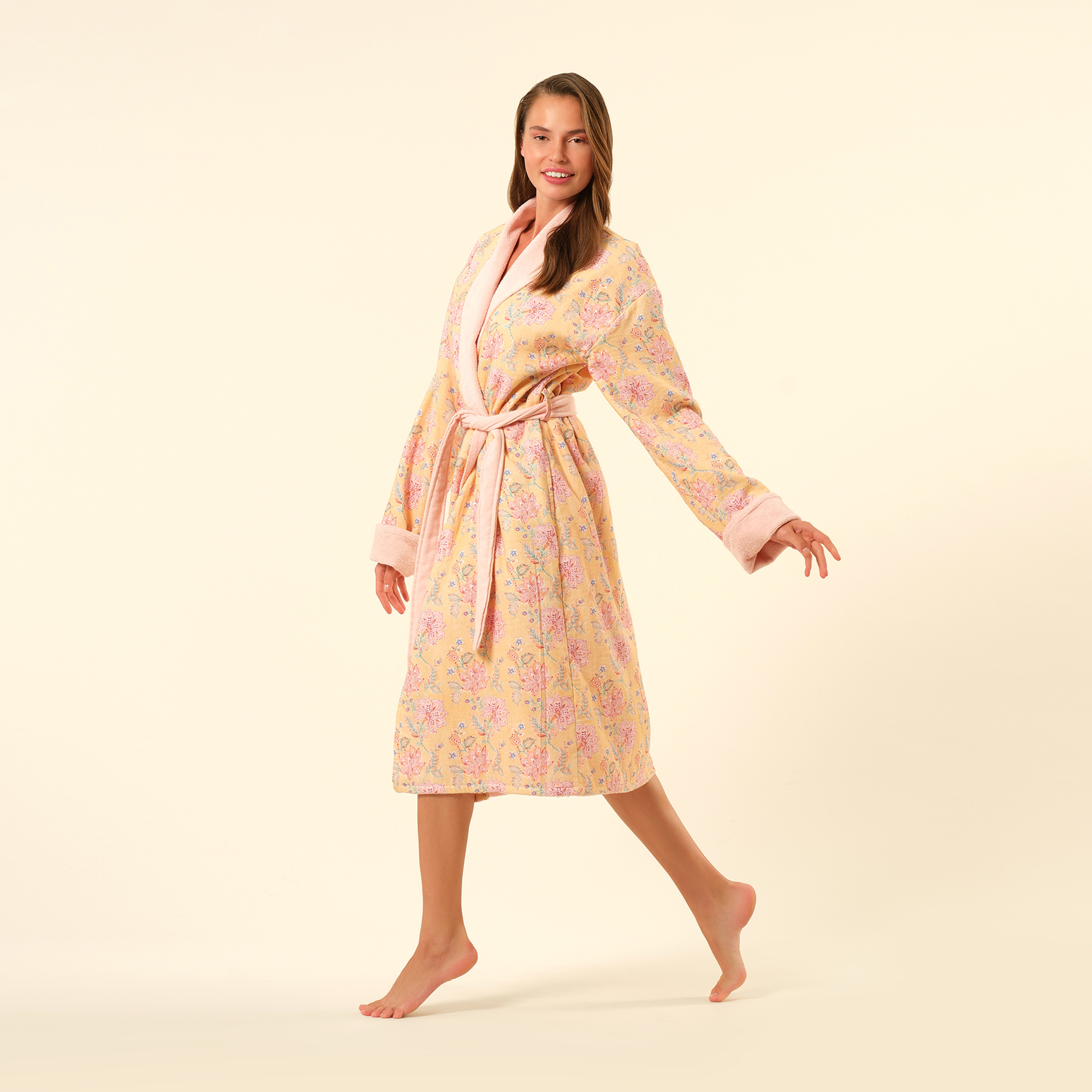 Tabea Şal Yaka Müslin Pamuk %100 Pamuk Bornoz - Koyu Pembe