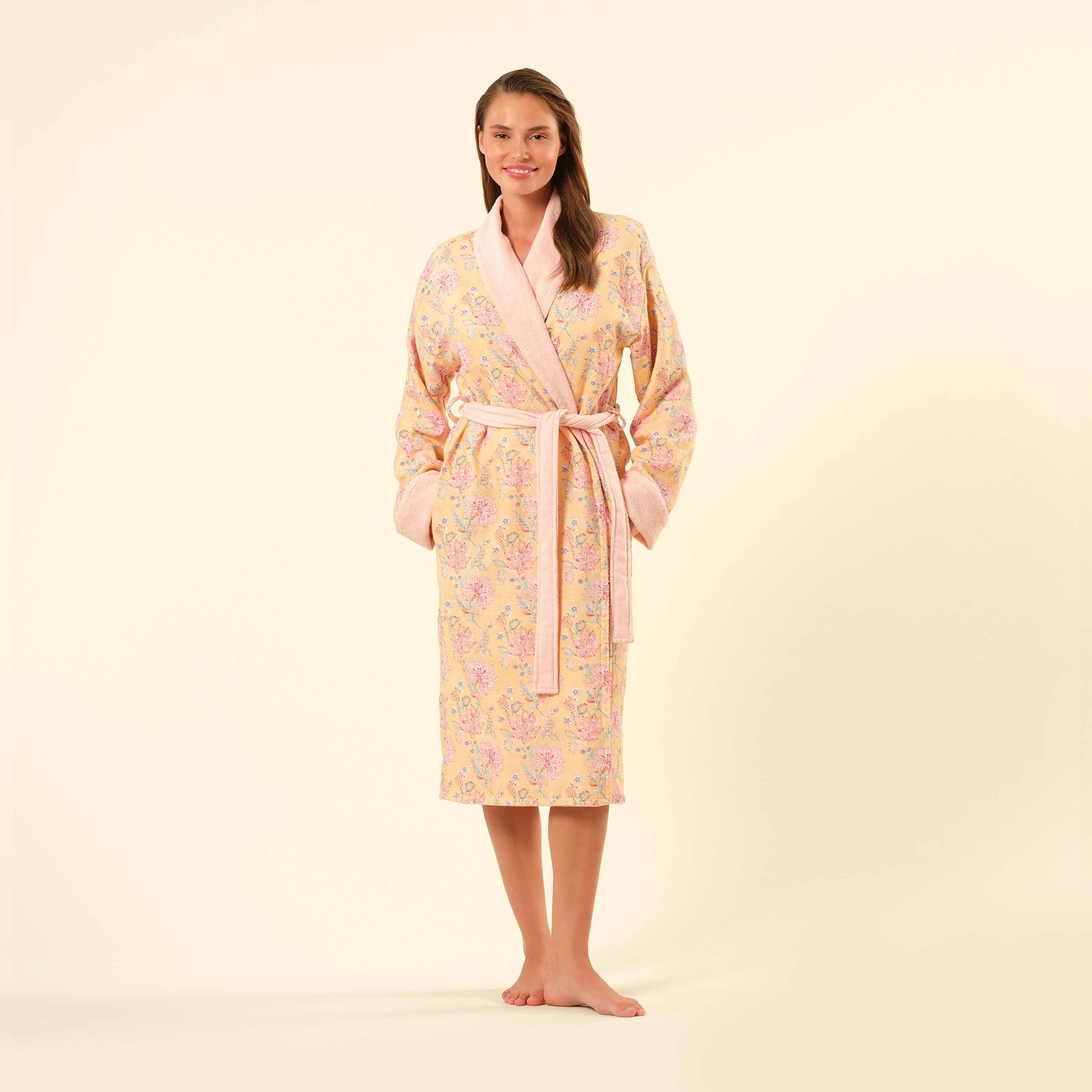 Tabea Şal Yaka Müslin Pamuk %100 Pamuk Bornoz - Koyu Pembe