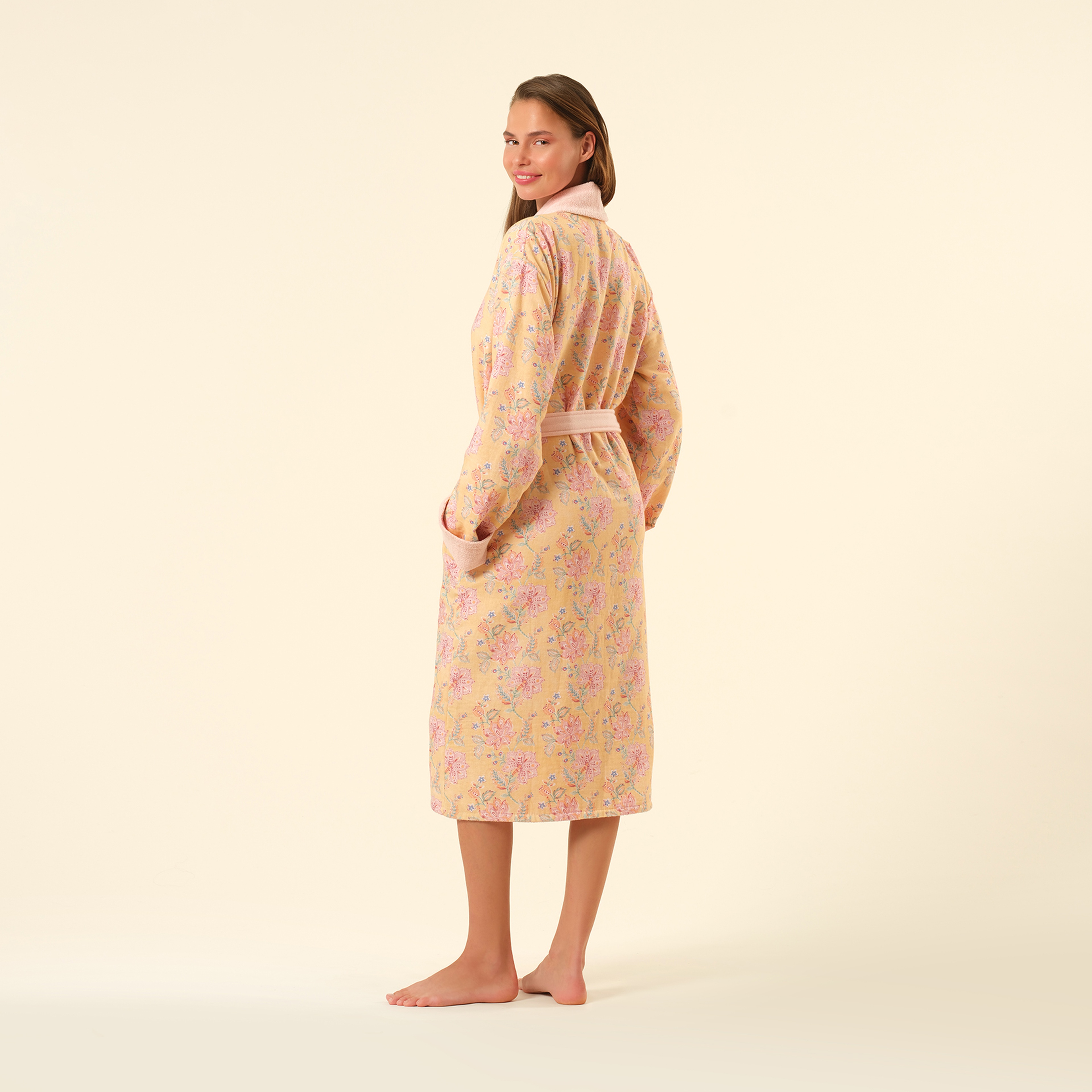 Tabea Şal Yaka Müslin Pamuk %100 Pamuk Bornoz - Koyu Pembe