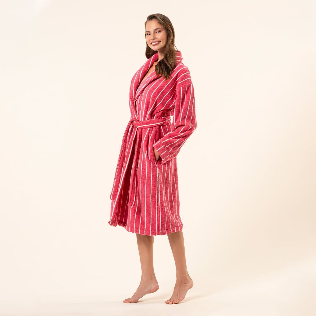 Solıd Geniş Çizgili İplik Boyalı Pamuk %100 Pamuk Bornoz - Fuşya