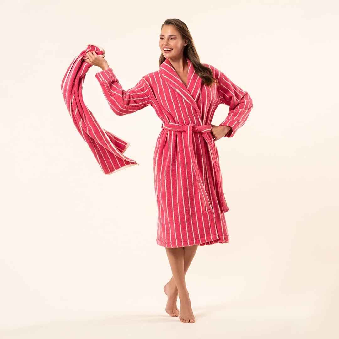 Solıd Geniş Çizgili İplik Boyalı Pamuk %100 Pamuk Bornoz - Fuşya