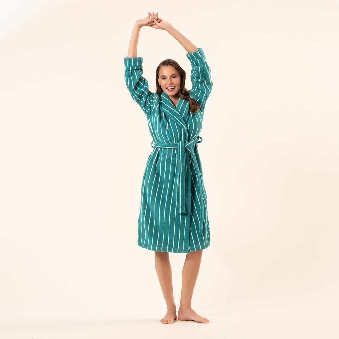 Solıd Geniş Çizgili İplik Boyalı Pamuk %100 Pamuk Bornoz - Koyu Yeşil