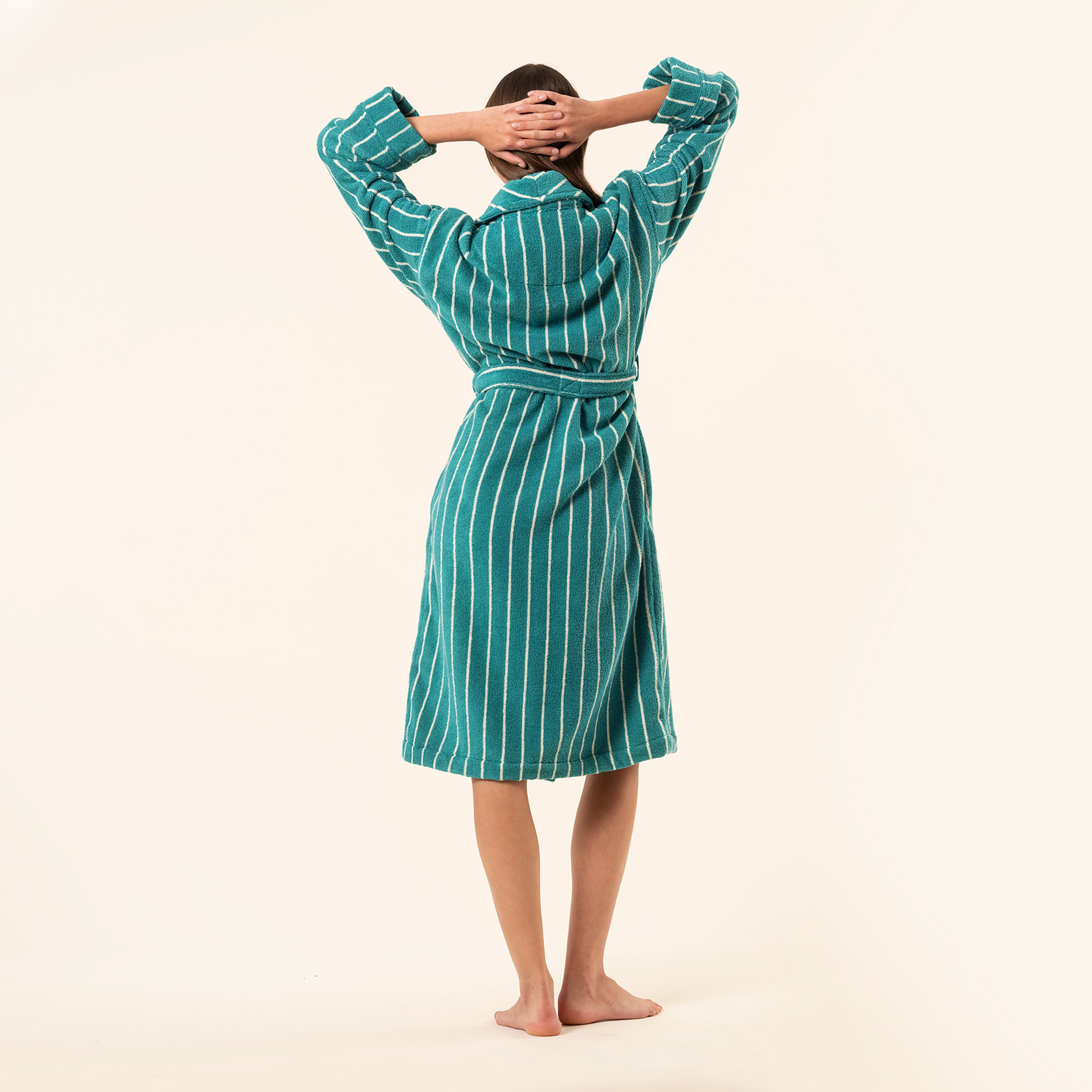 Solıd Geniş Çizgili İplik Boyalı Pamuk %100 Pamuk Bornoz - Koyu Yeşil